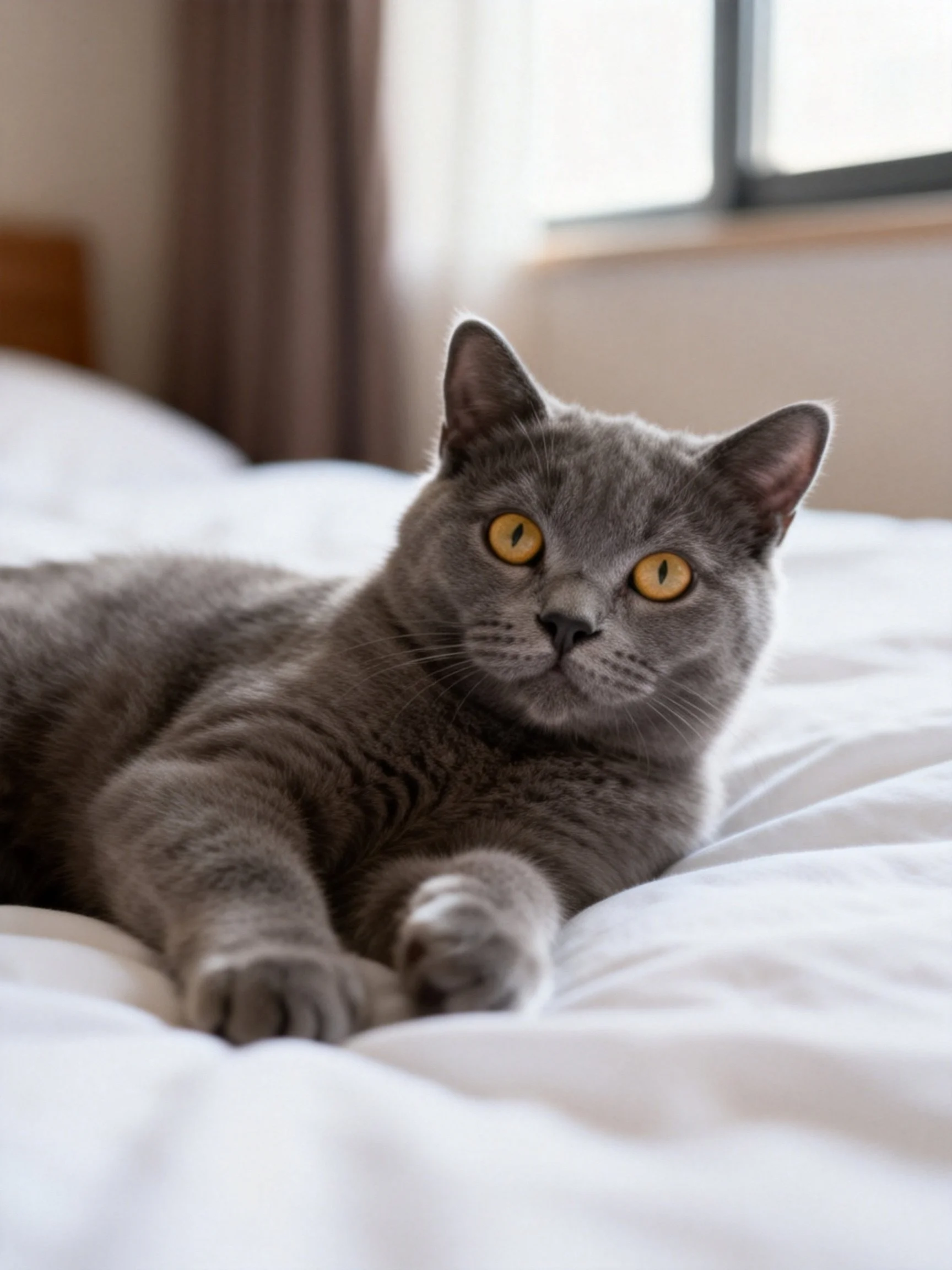 A gray cat with yellow eyes lounges on a white bed
