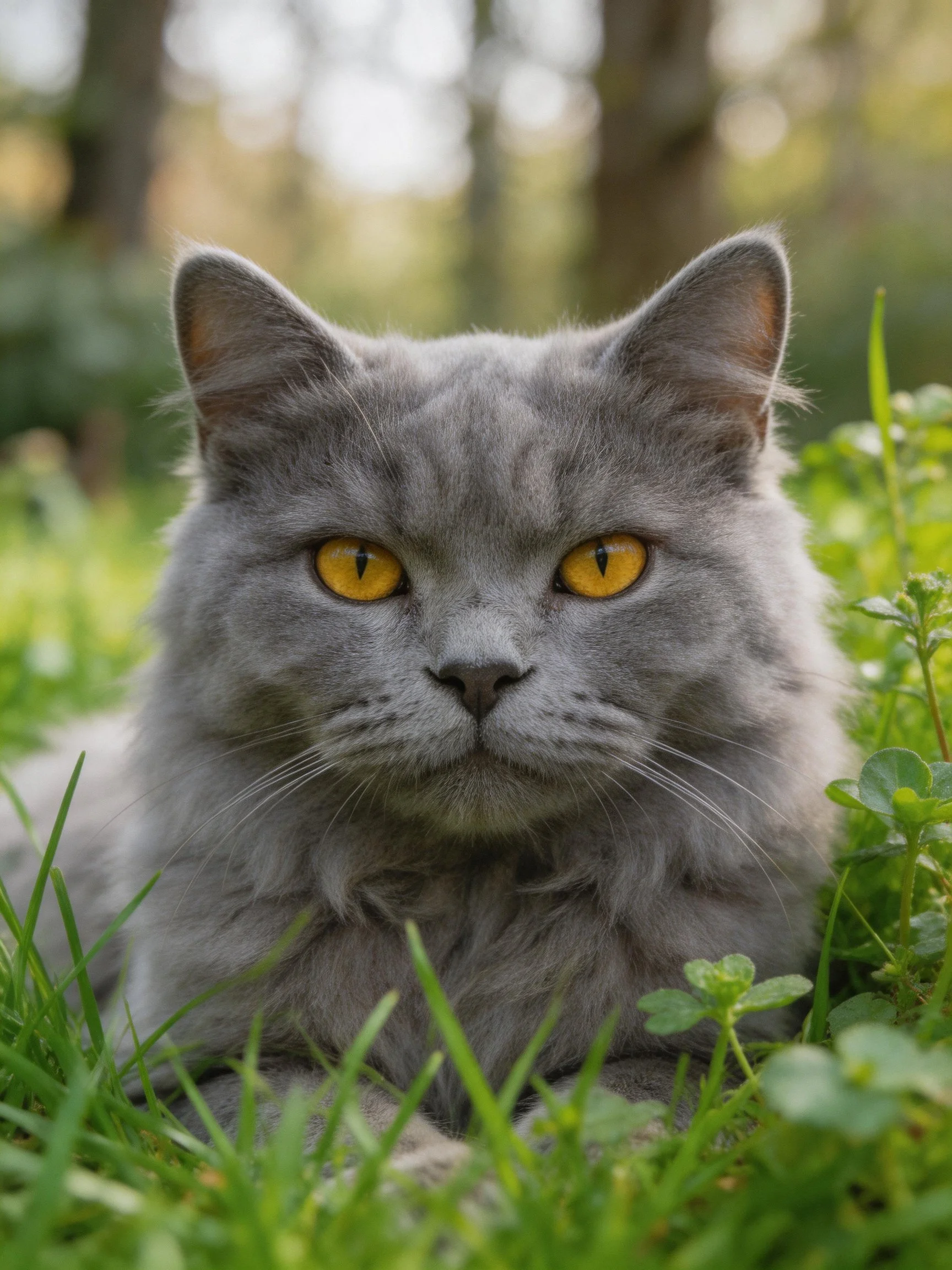 A gray cat with yellow eyes lies among greenery in an outdoor setting.