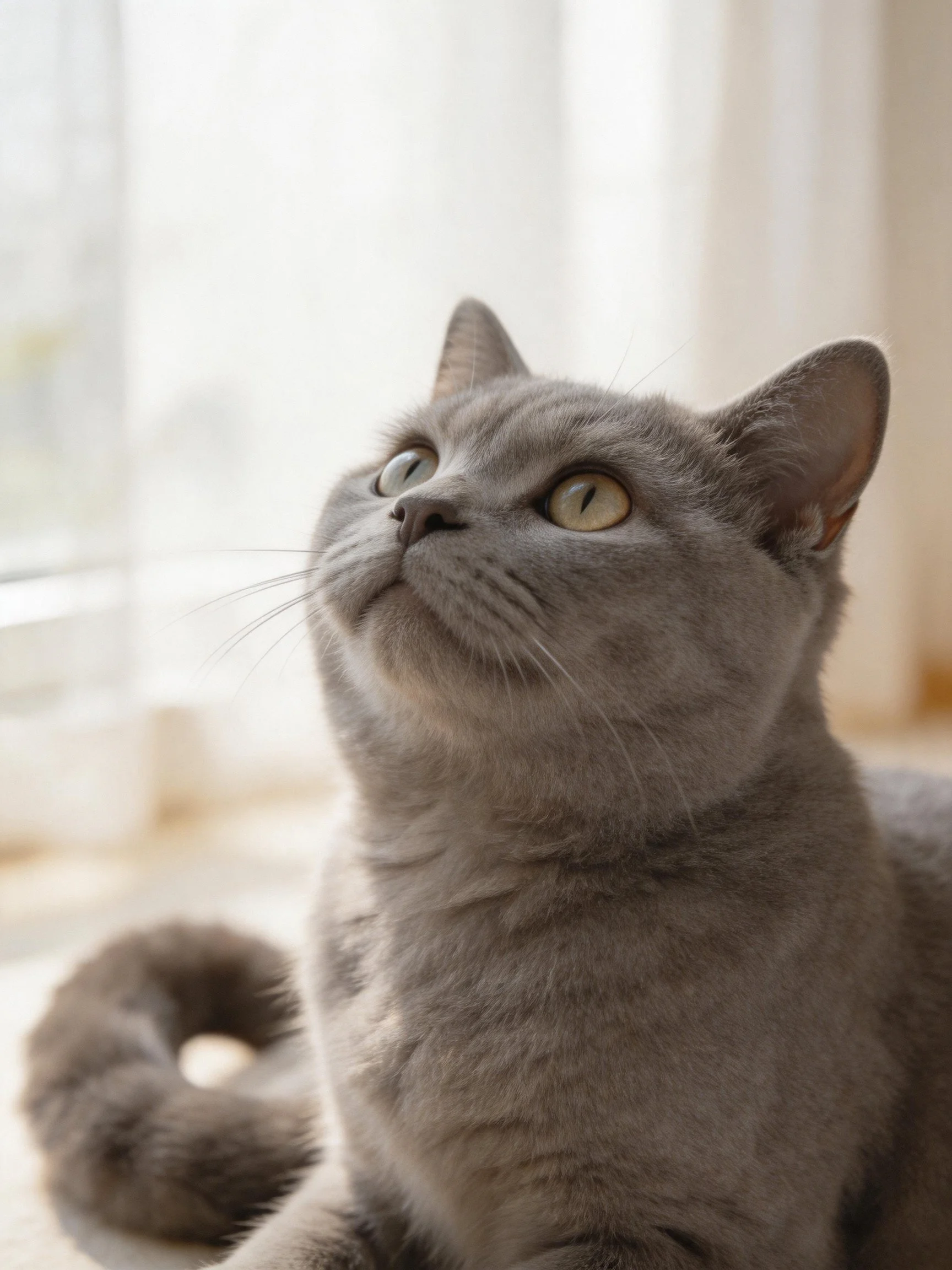 A gray cat with yellow eyes rests near a bright window.