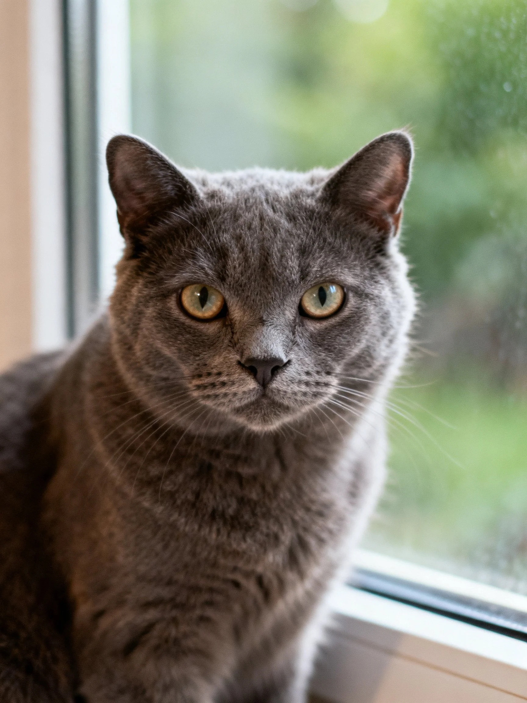 A gray cat with yellow eyes rests near a window with an outdoor backdrop.