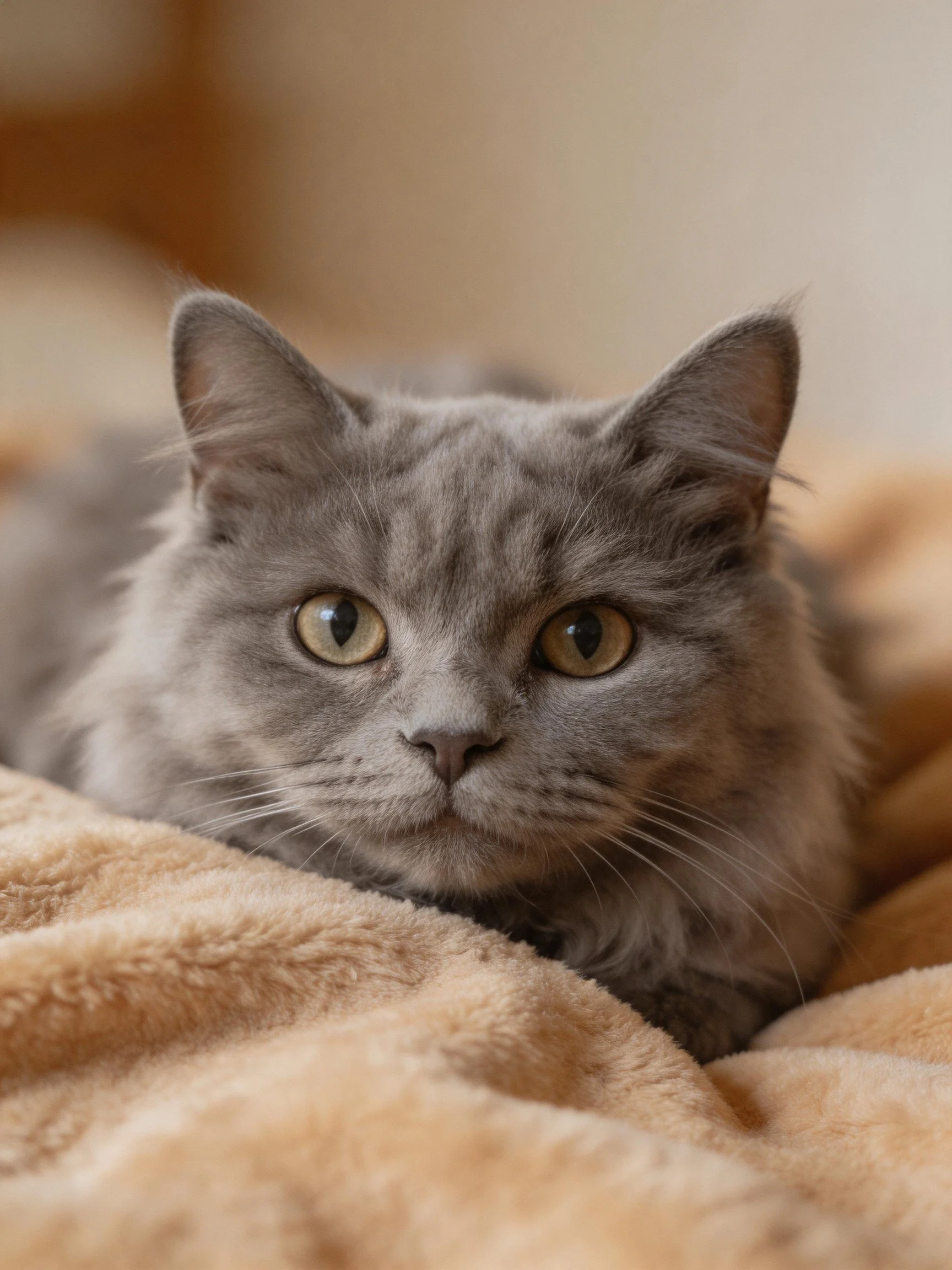 A gray cat rests on a soft beige fabric.