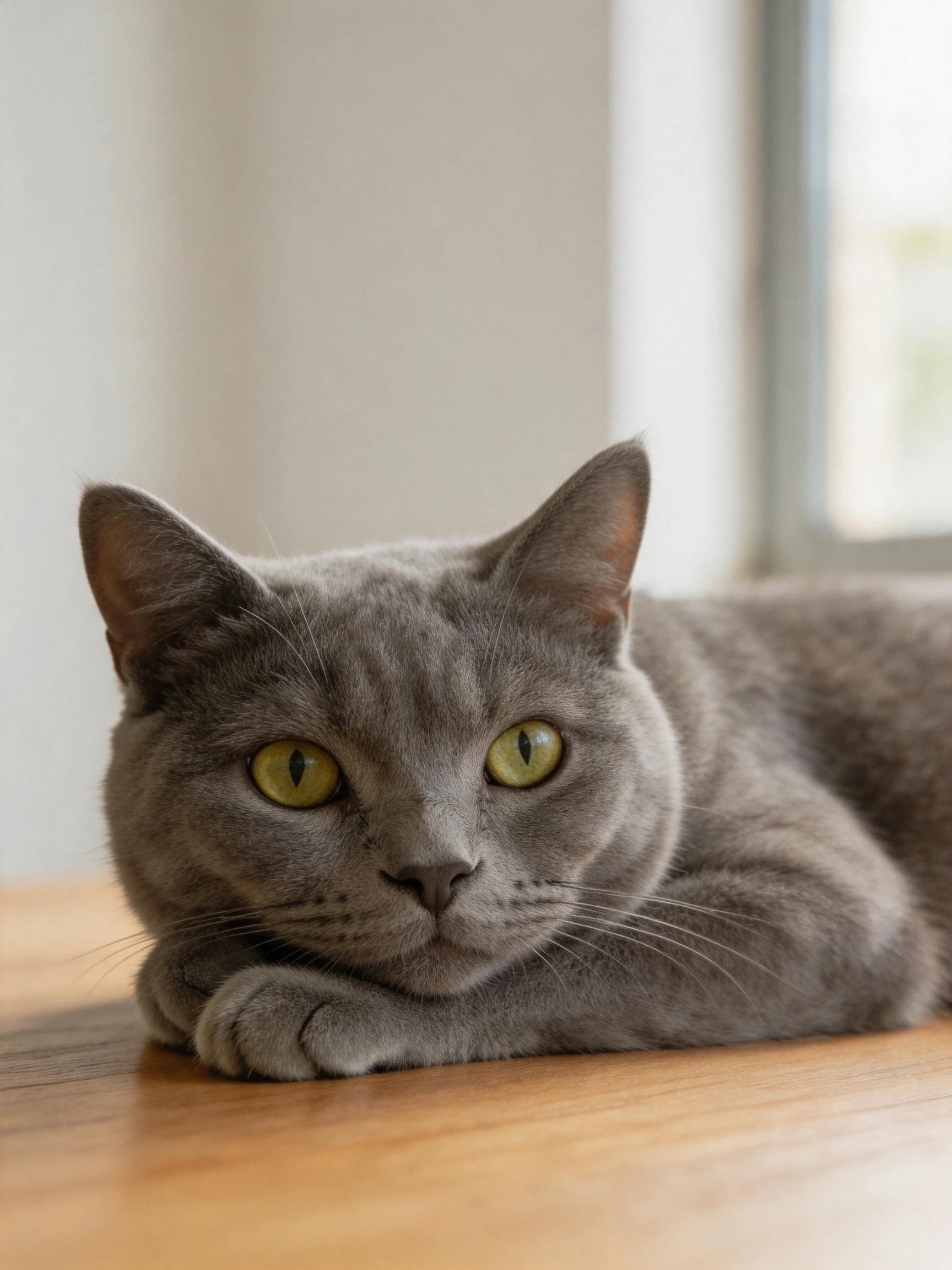 A gray cat with yellow eyes relaxes on a wooden surface near a window.