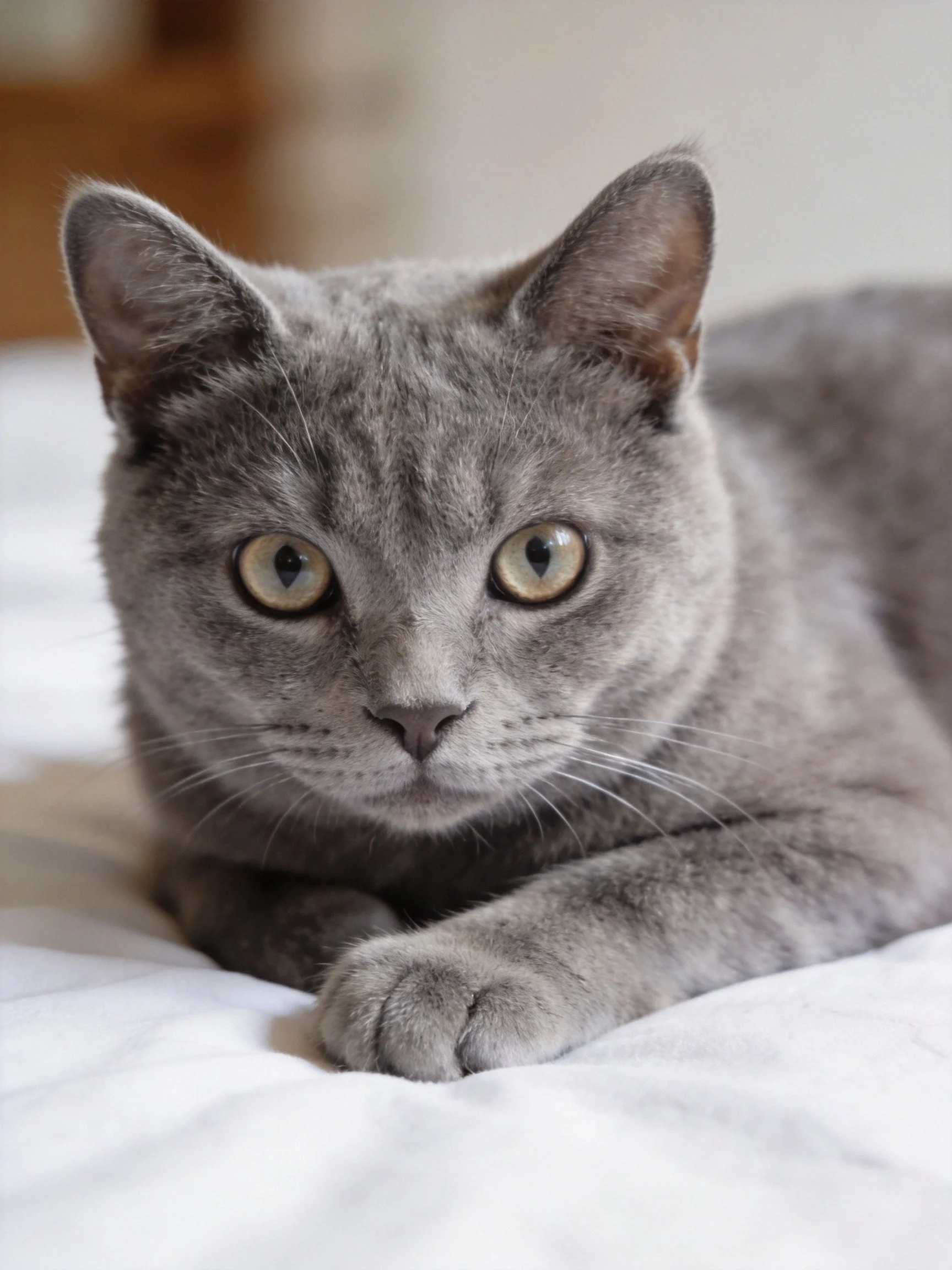 A gray cat with yellow eyes resting on white bedding