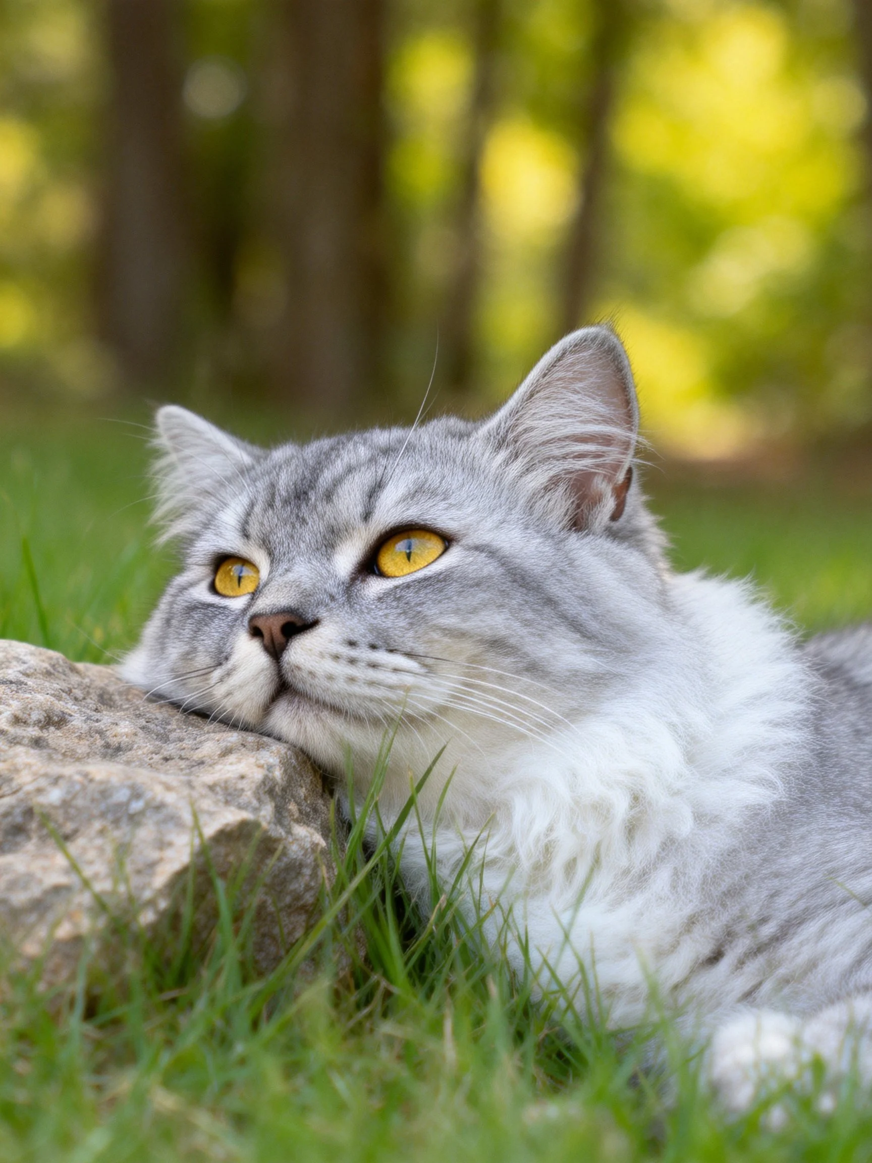 A gray cat with yellow eyes rests near a rock in a grassy area.