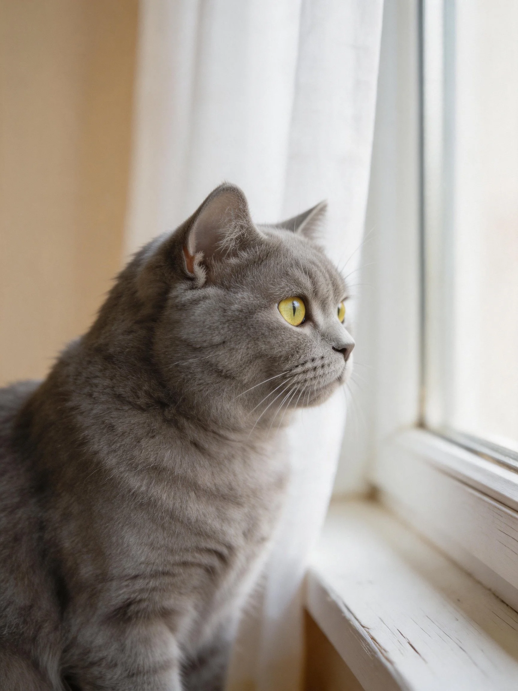 A gray cat gazes out from a sunlit window