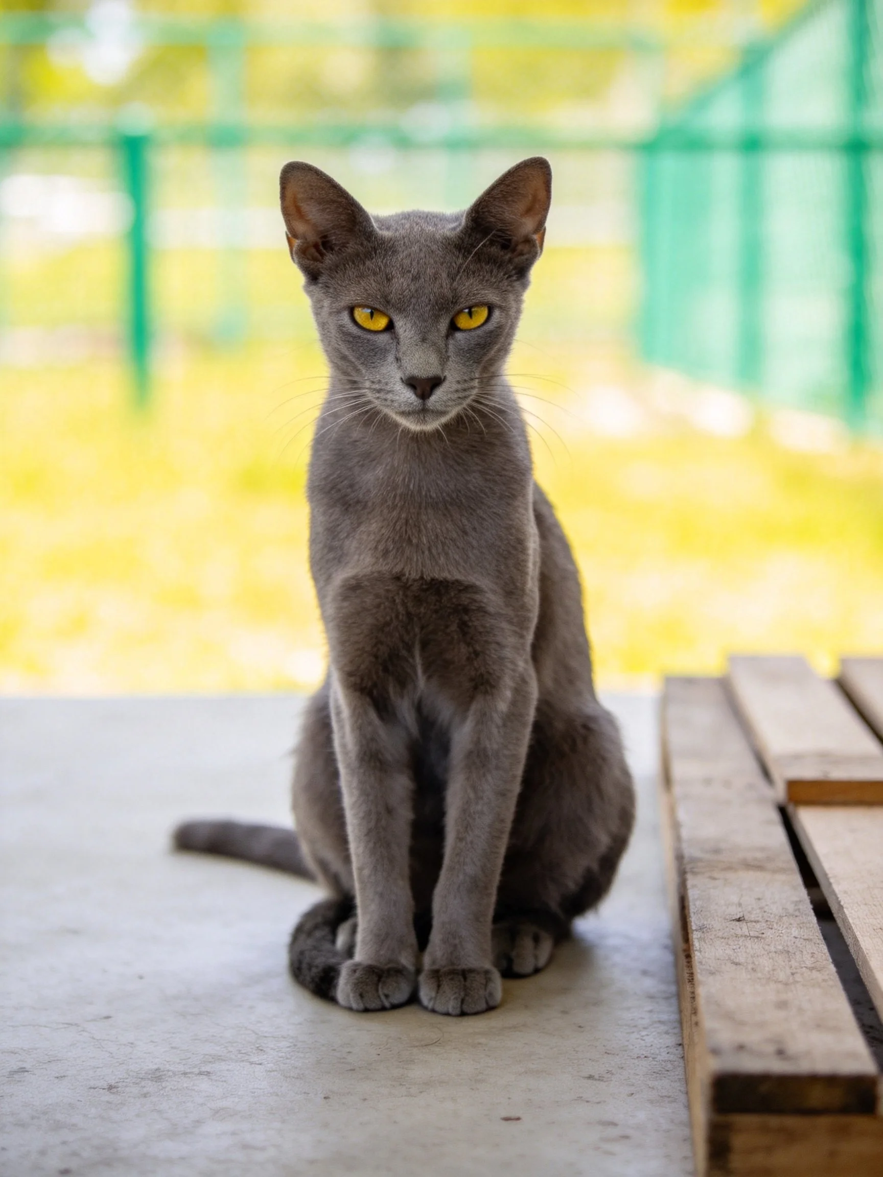 A gray cat with yellow eyes sits near wooden planks in an outdoor setting.