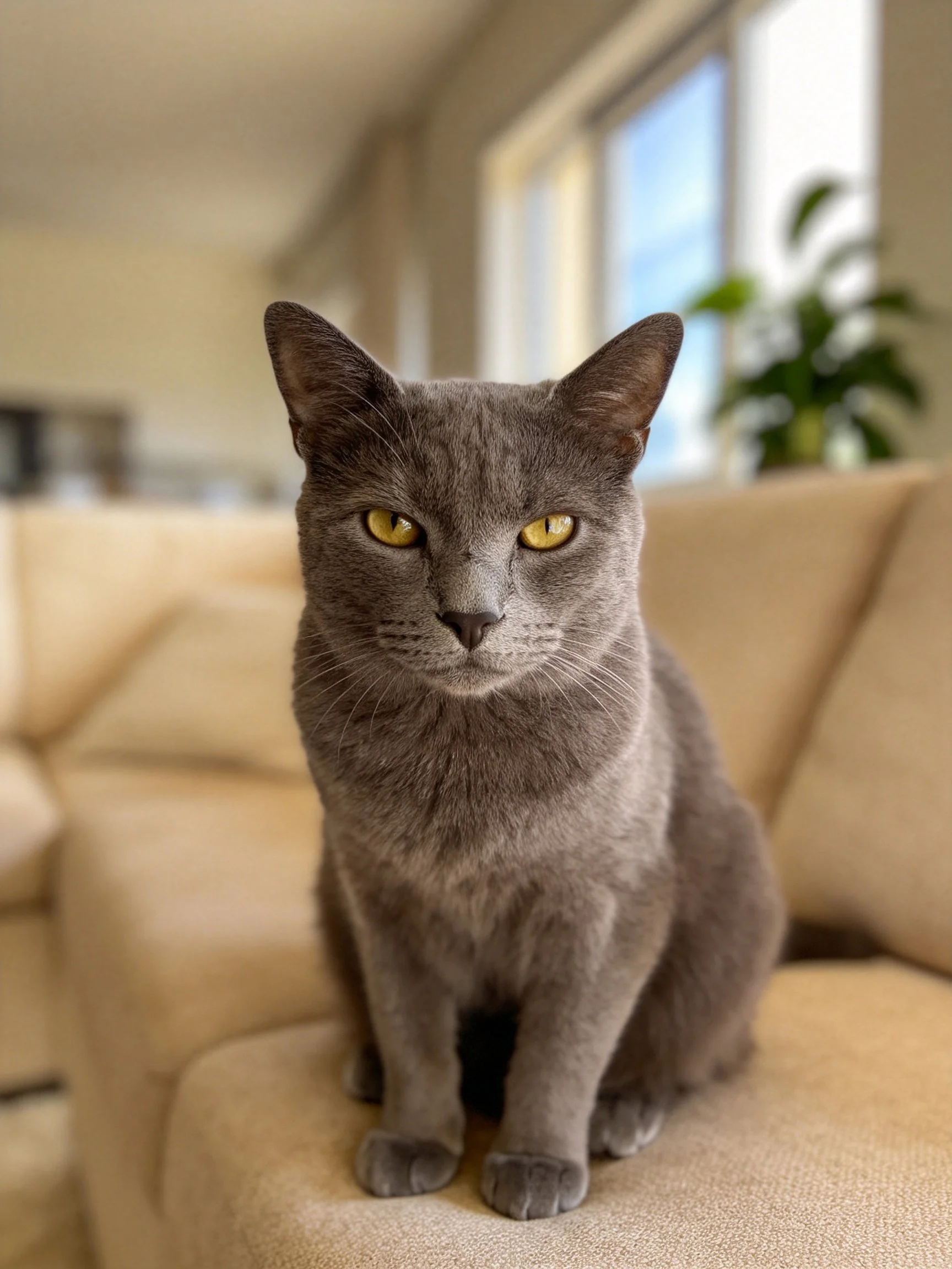 A gray cat with yellow eyes sits calmly on a beige couch in a bright indoor space.