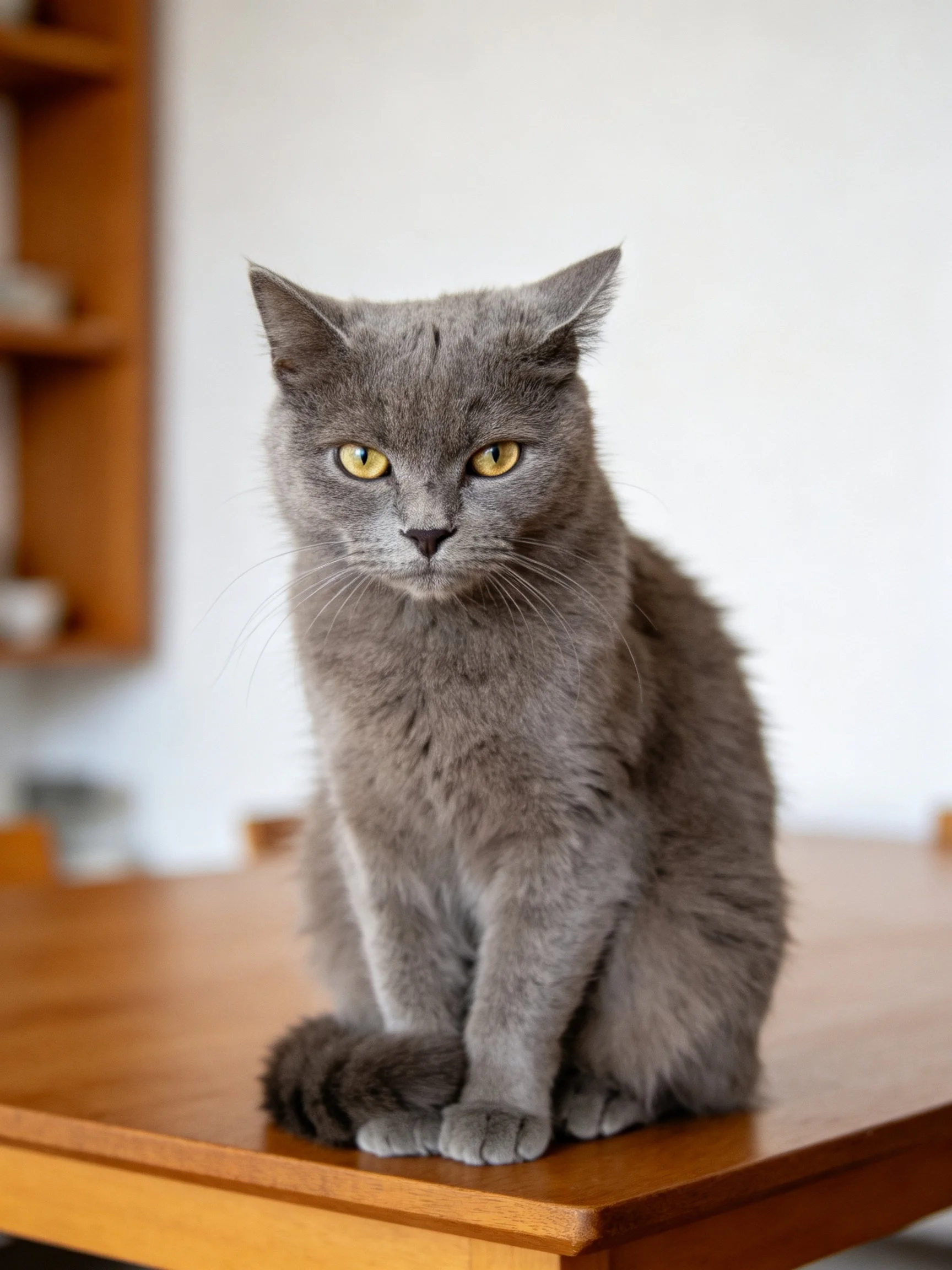 A gray cat with yellow eyes sits on a wooden table.