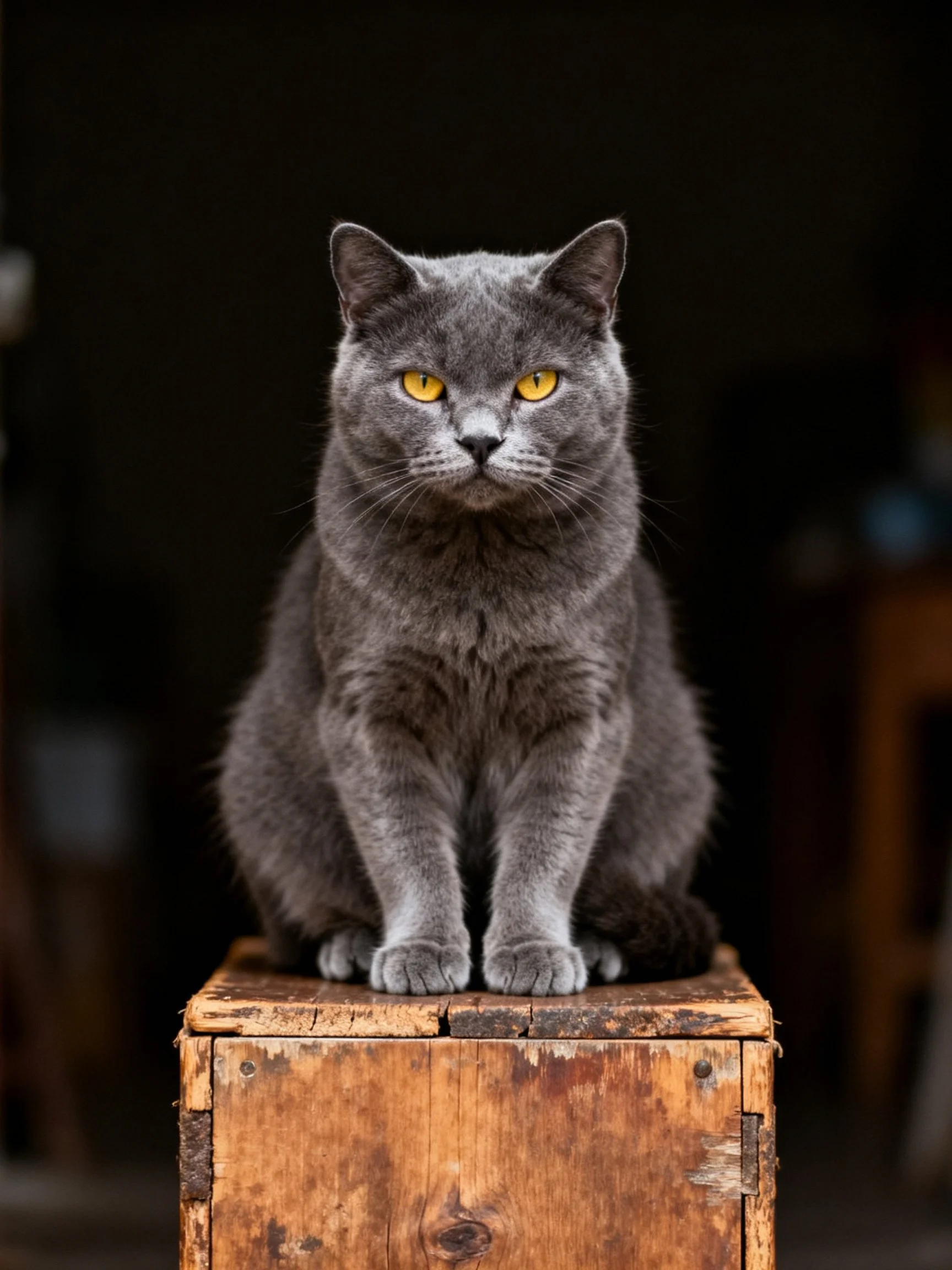 A gray cat with bright yellow eyes rests on a worn wooden structure.