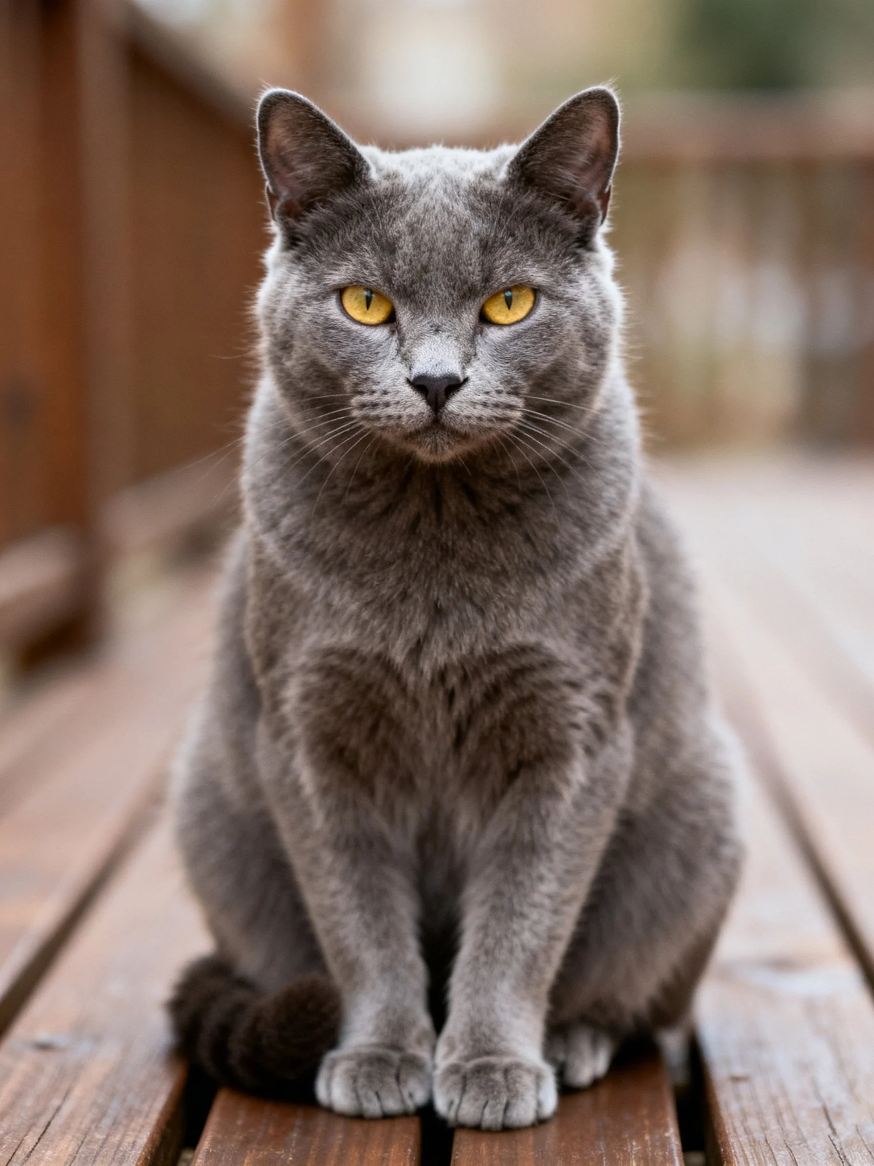A gray cat with yellow eyes sits calmly on a wooden surface