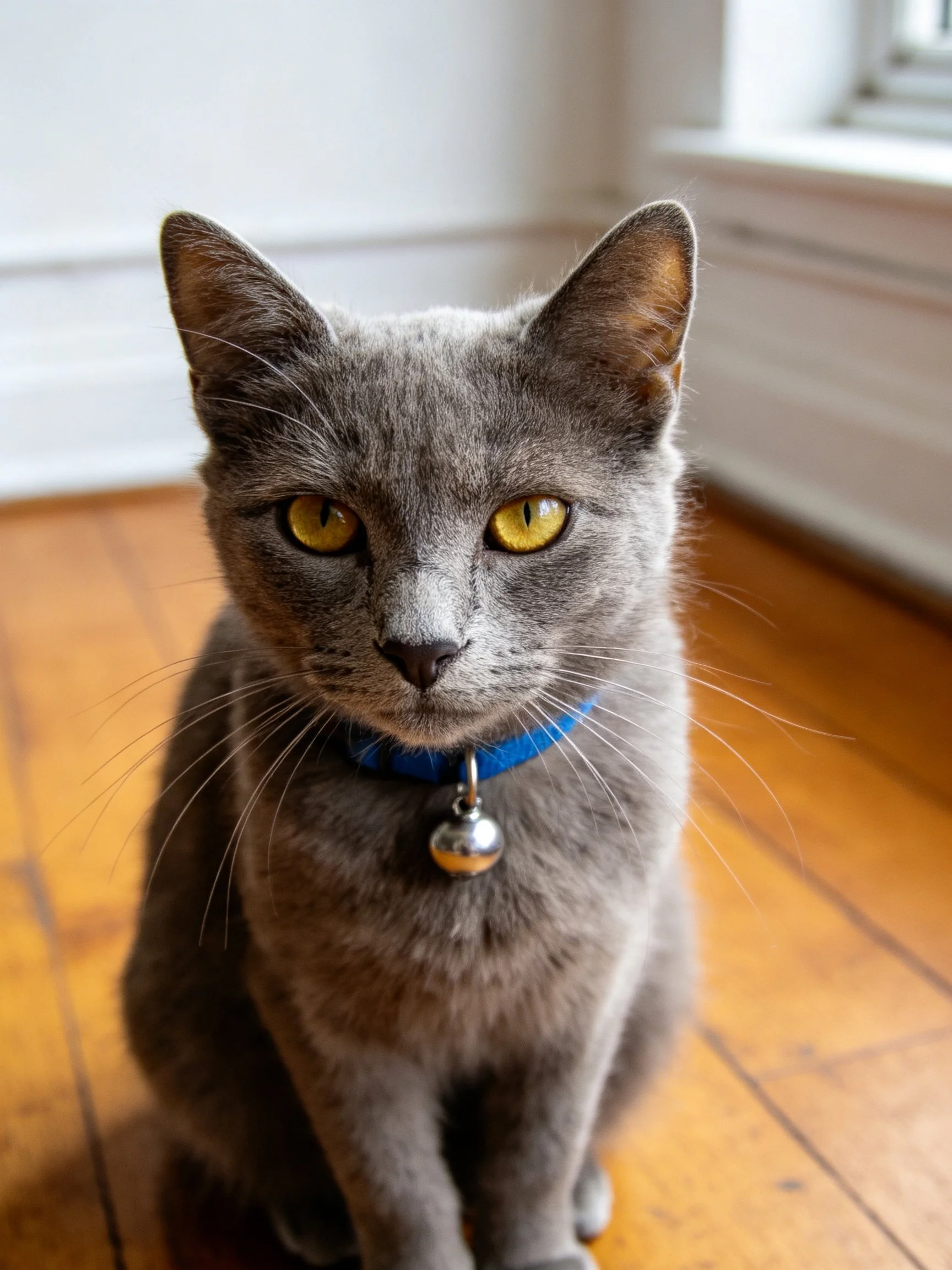A gray cat with yellow eyes wears a blue collar on a wooden floor