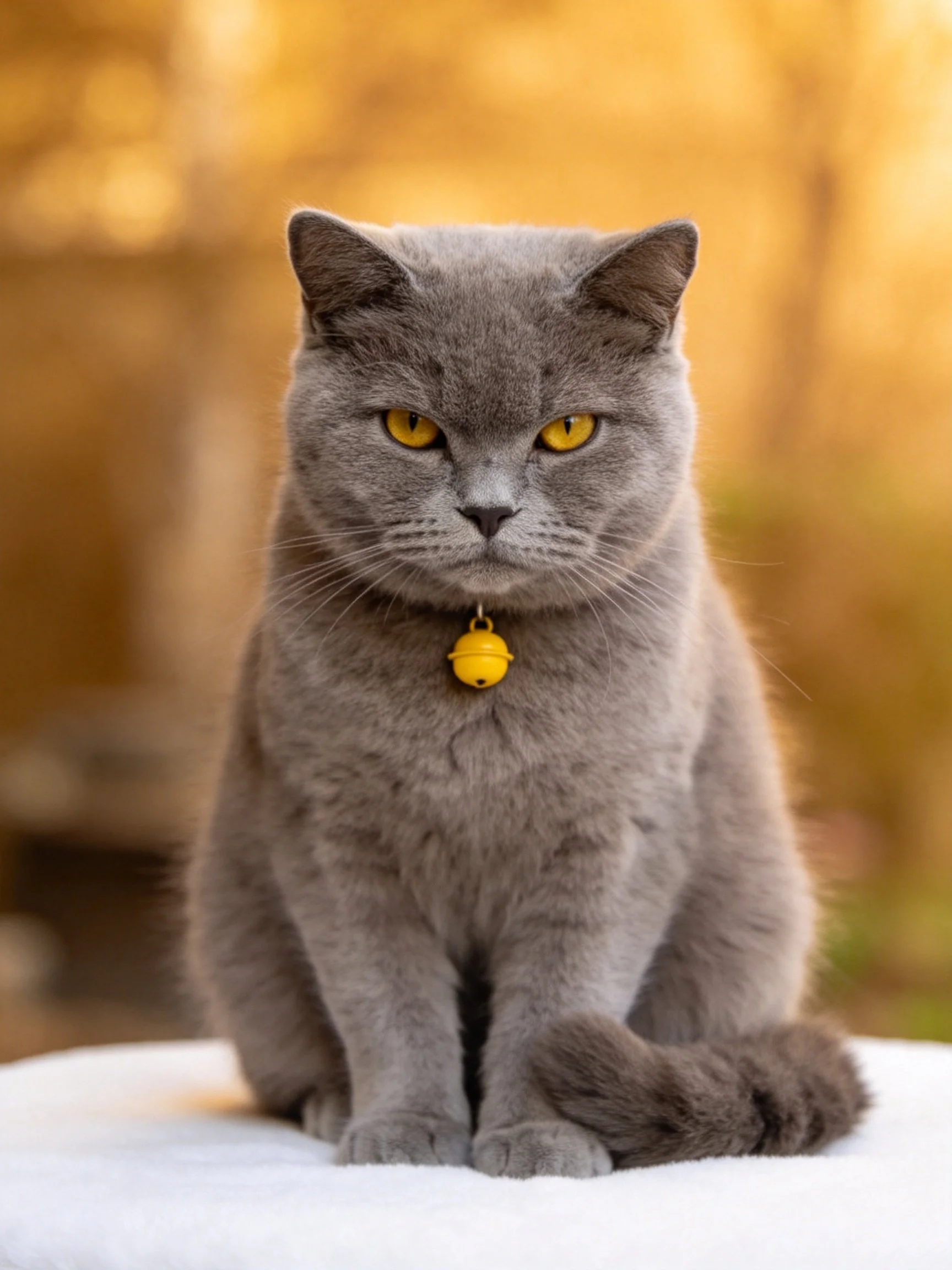 A gray cat with yellow eyes wears a yellow bell collar