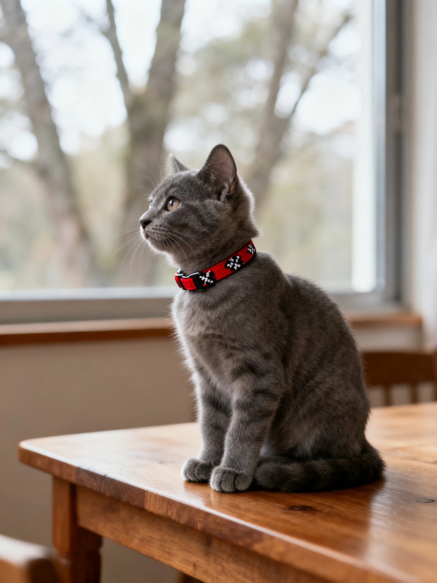 A gray cat witha red patterned collar sits on a wooden table by a window