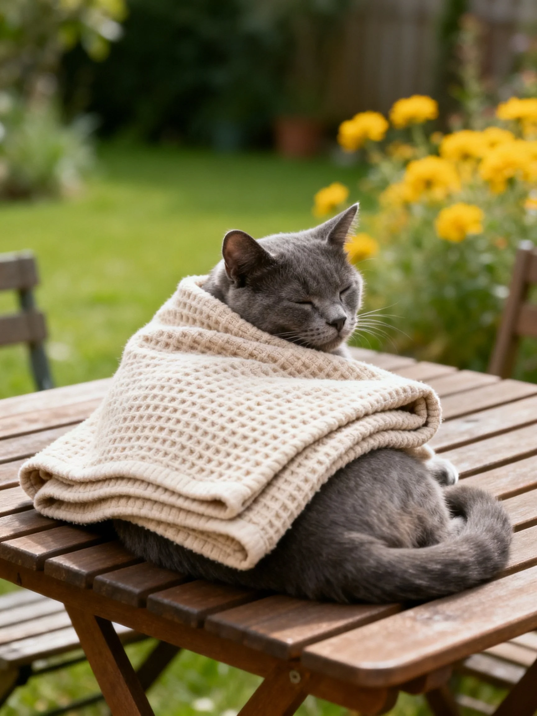 A gray cat wrapped in a beige blanket rests on a wooden garden table