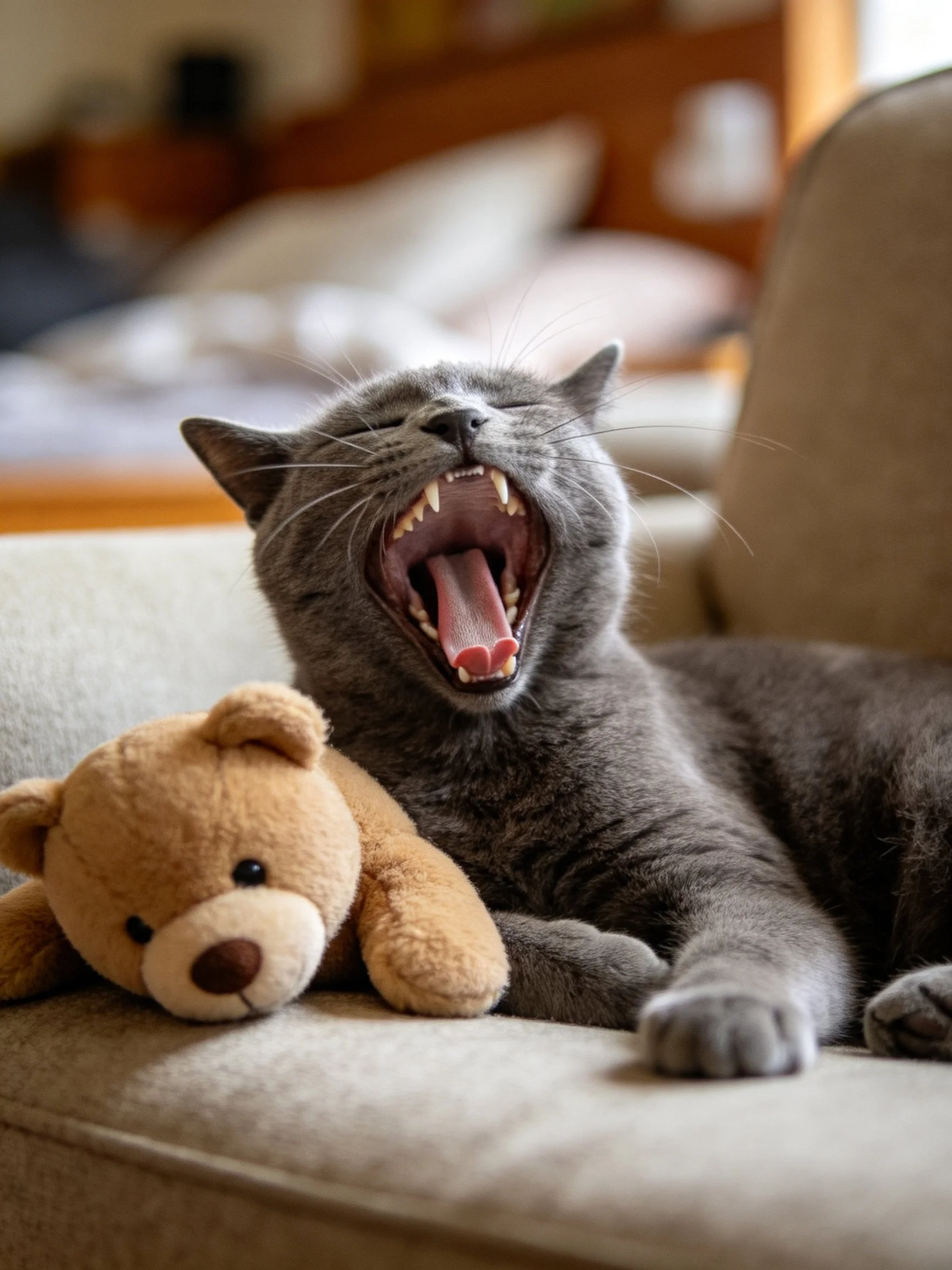 A gray cat yawning beside a brown teddy bear on a beige couch