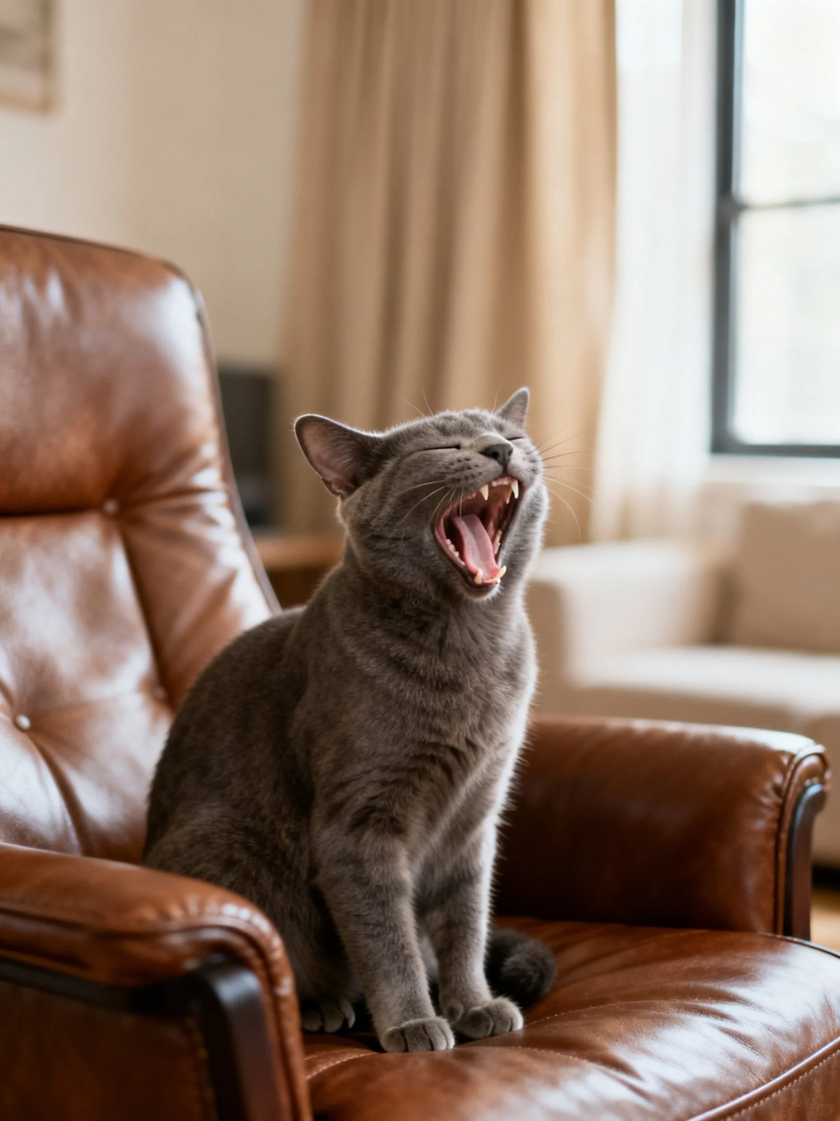 A gray cat yawning on a brown leather armchair in a cozy room