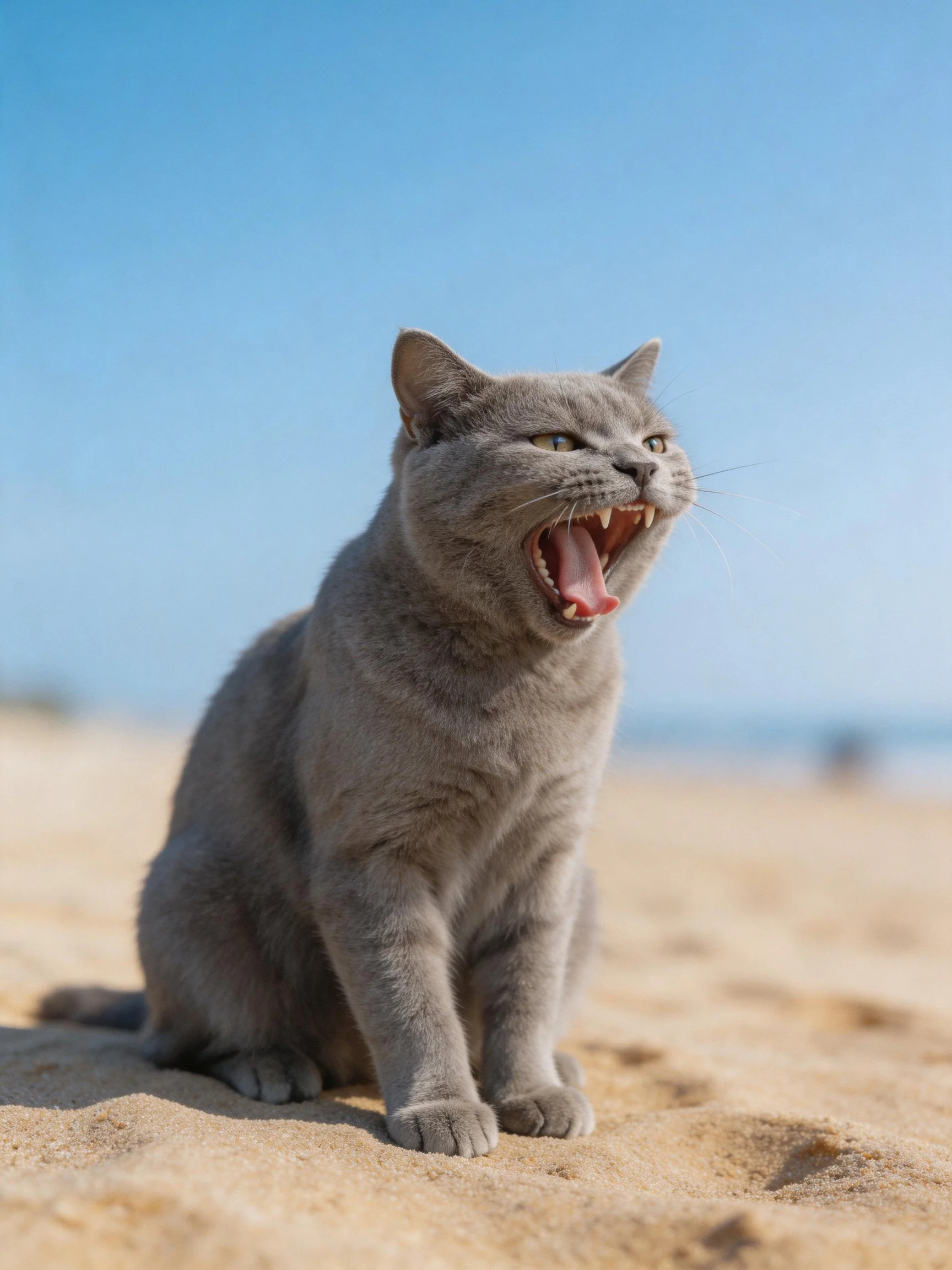A gray cat yawning on a sunny sandy beach with clear blue sky
