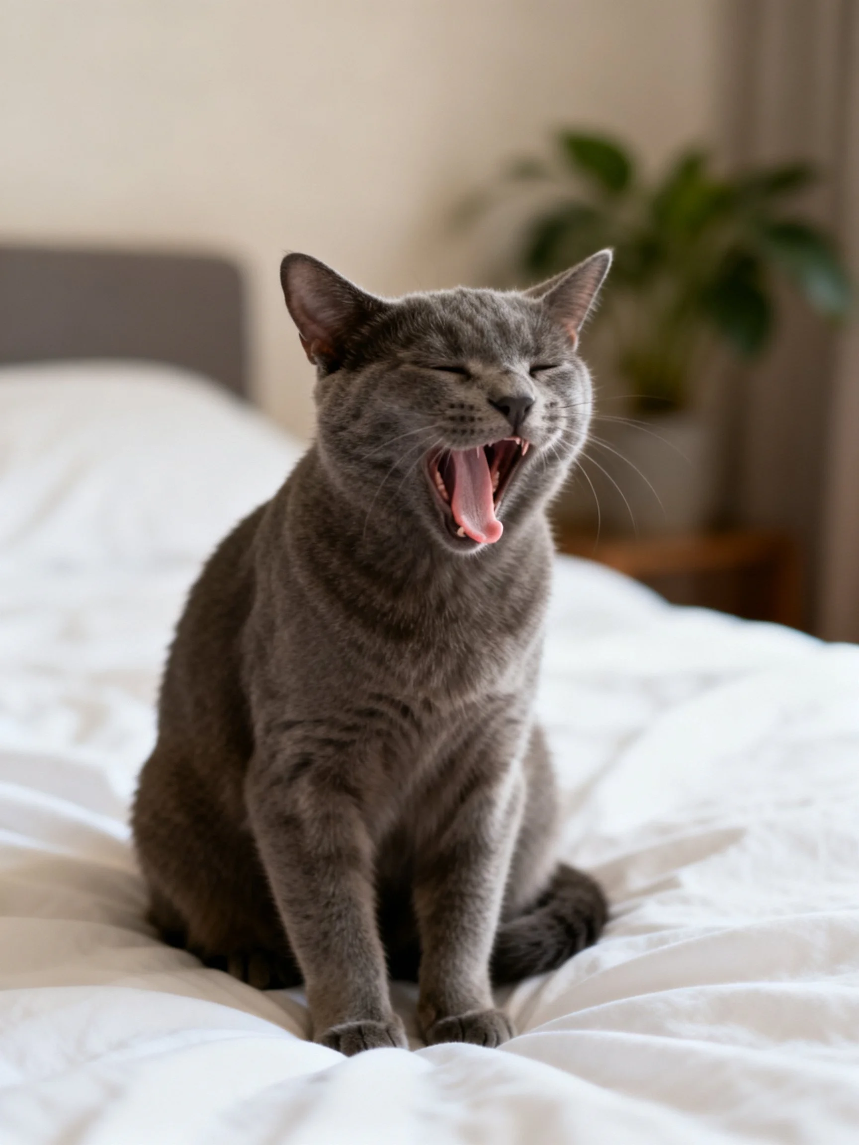 A gray cat yawning on a white bed near a potted plant