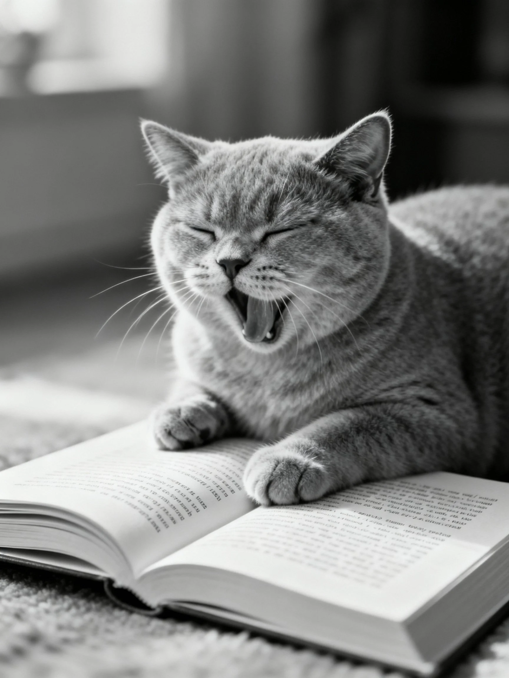 A gray cat yawning on an open book in black and white