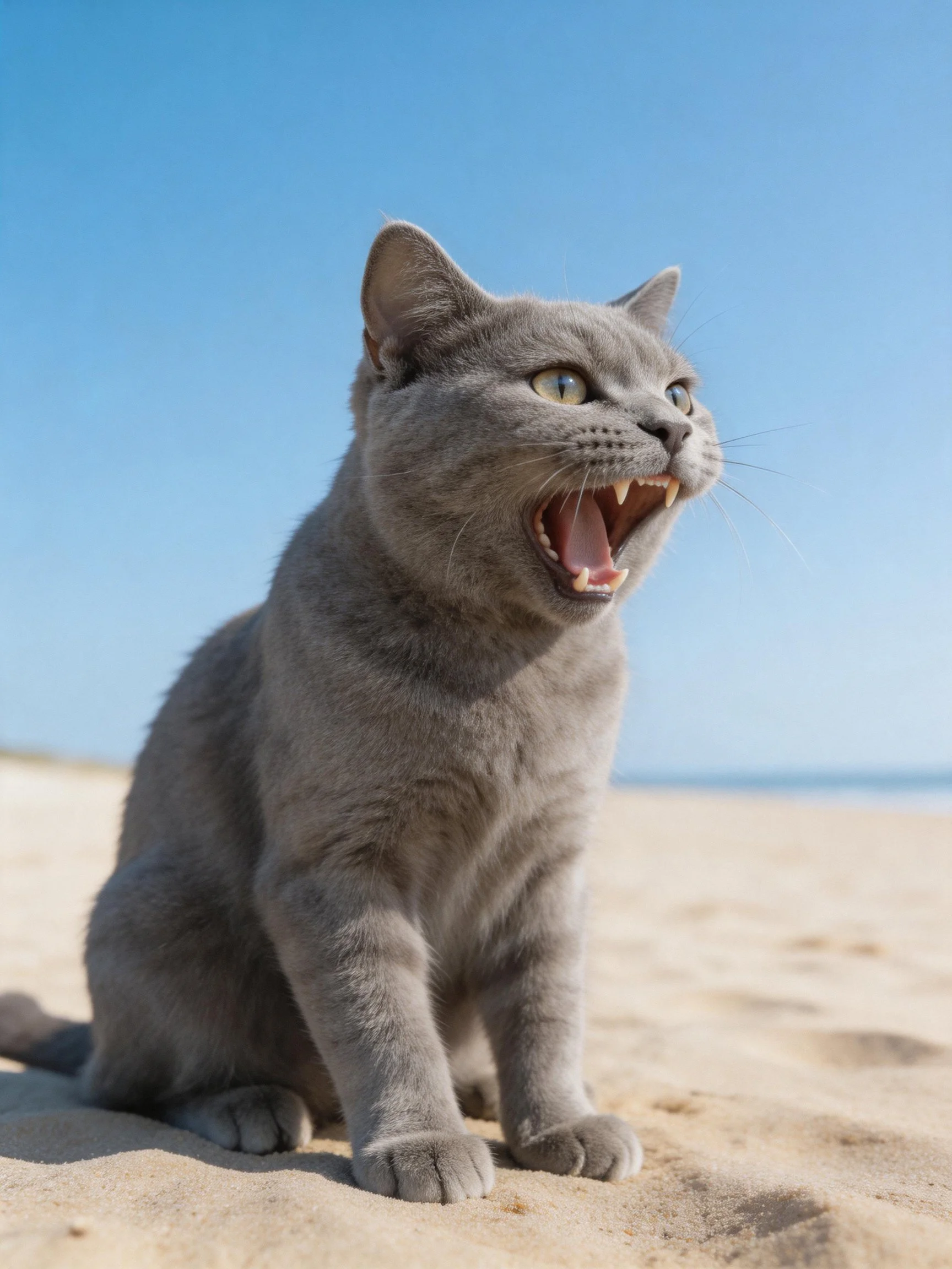 A gray cat yawning on sandy beach with clear blue sky