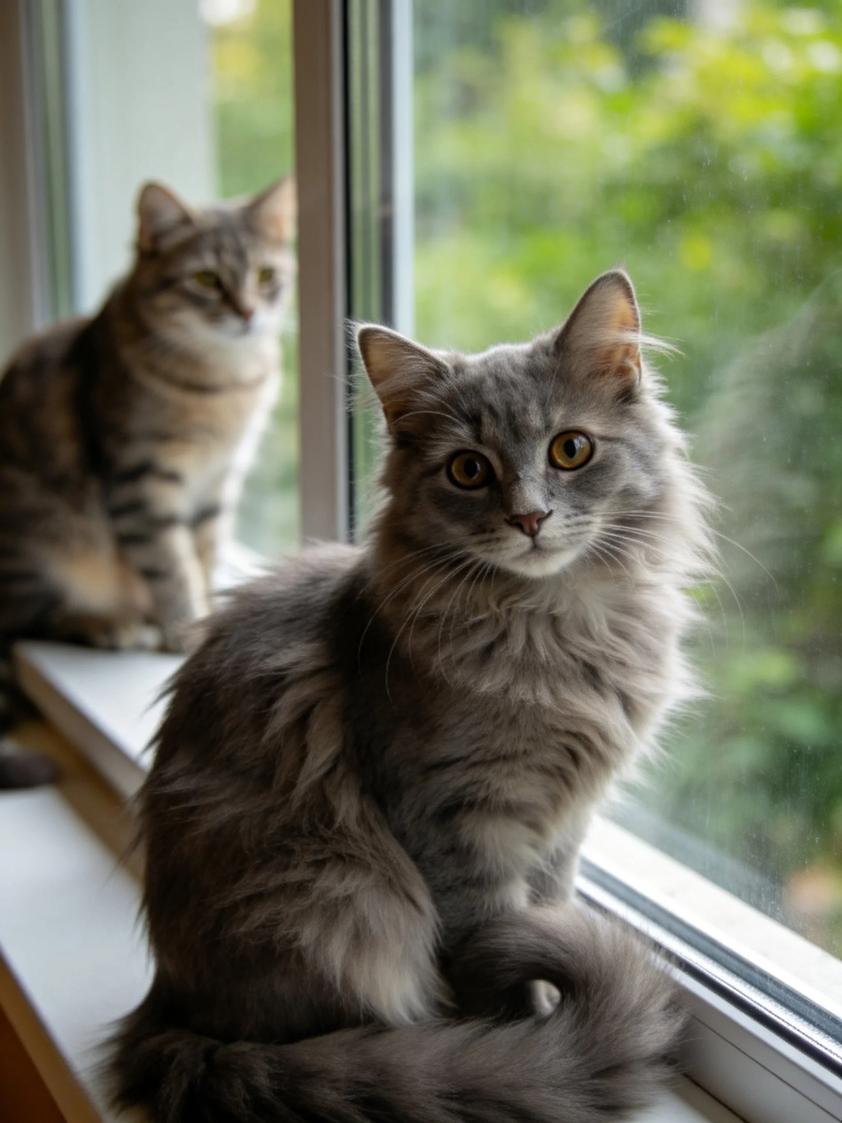 Two cats sit by a sunlit window—one gray fluffy, one tabby