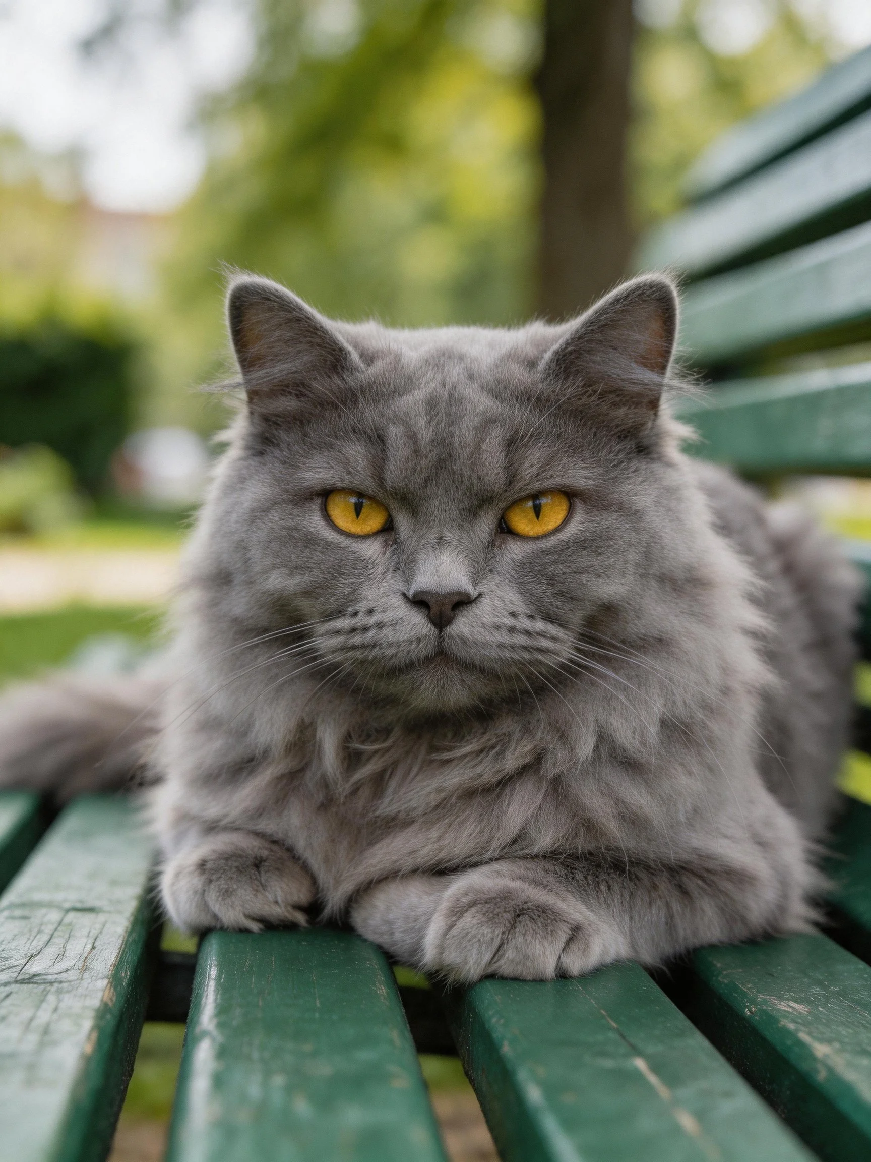 A gray cat with yellow eyes relaxes on a green bench in a serene outdoor area.
