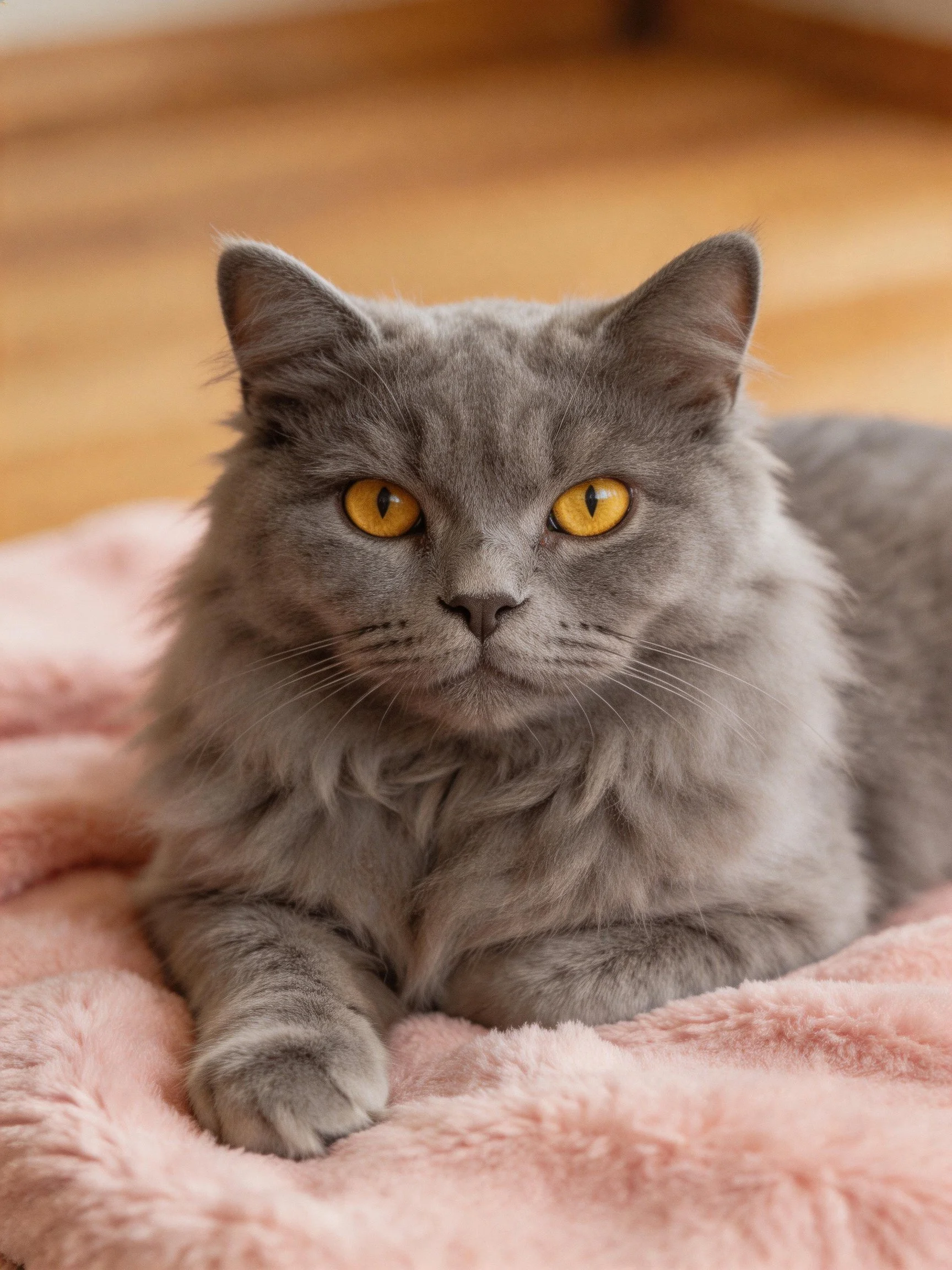 A gray fluffy cat rests on a pink blanket in a cozy setting