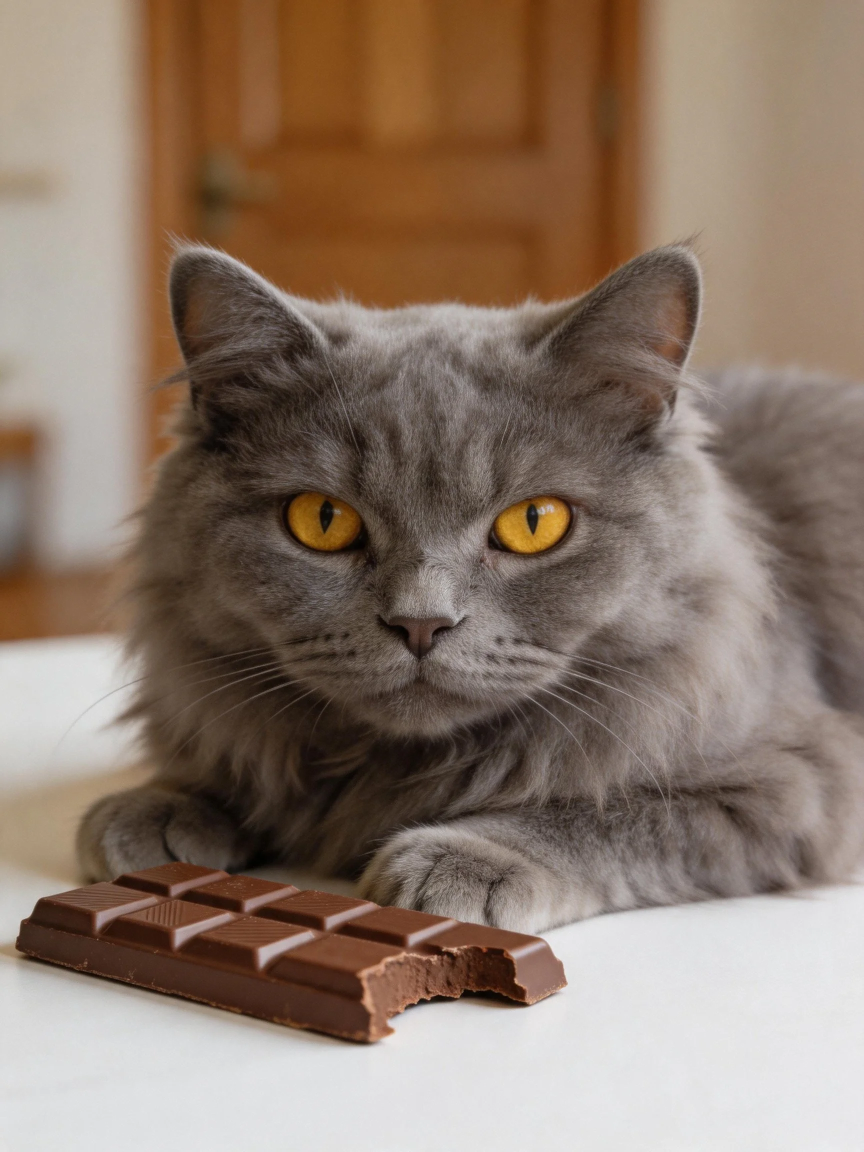 A gray cat sits near a bitten chocolate bar, creating an intriguing scene.