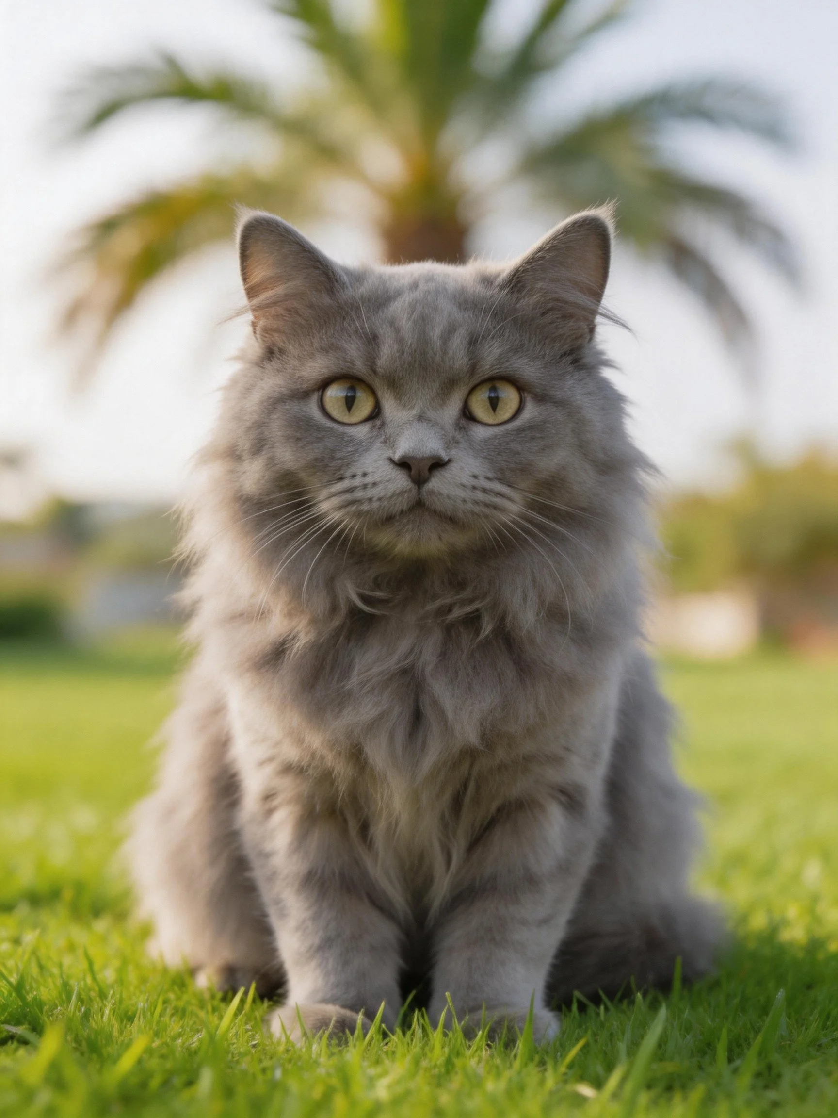 A gray fluffy cat sits calmly on green grass with a palm tree in the background