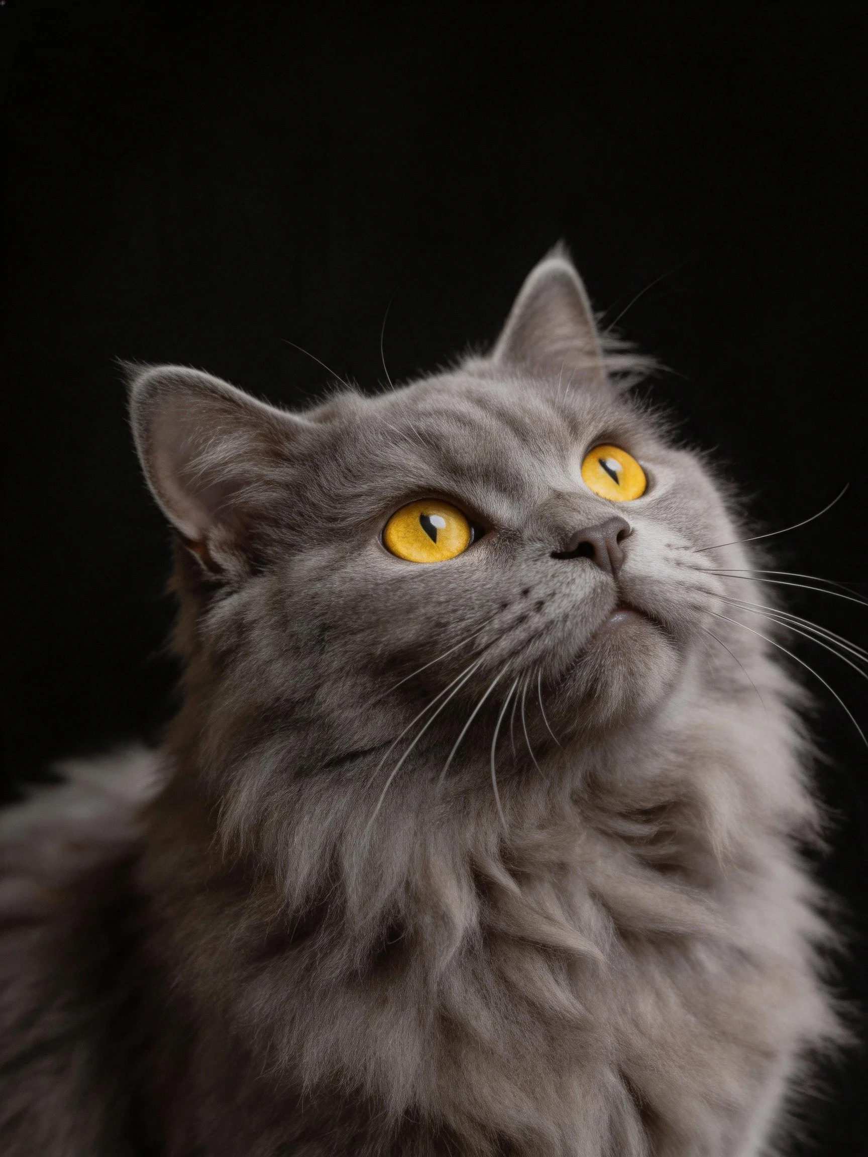 A gray fluffy cat looks upward with bright yellow eyes in a dark environment.