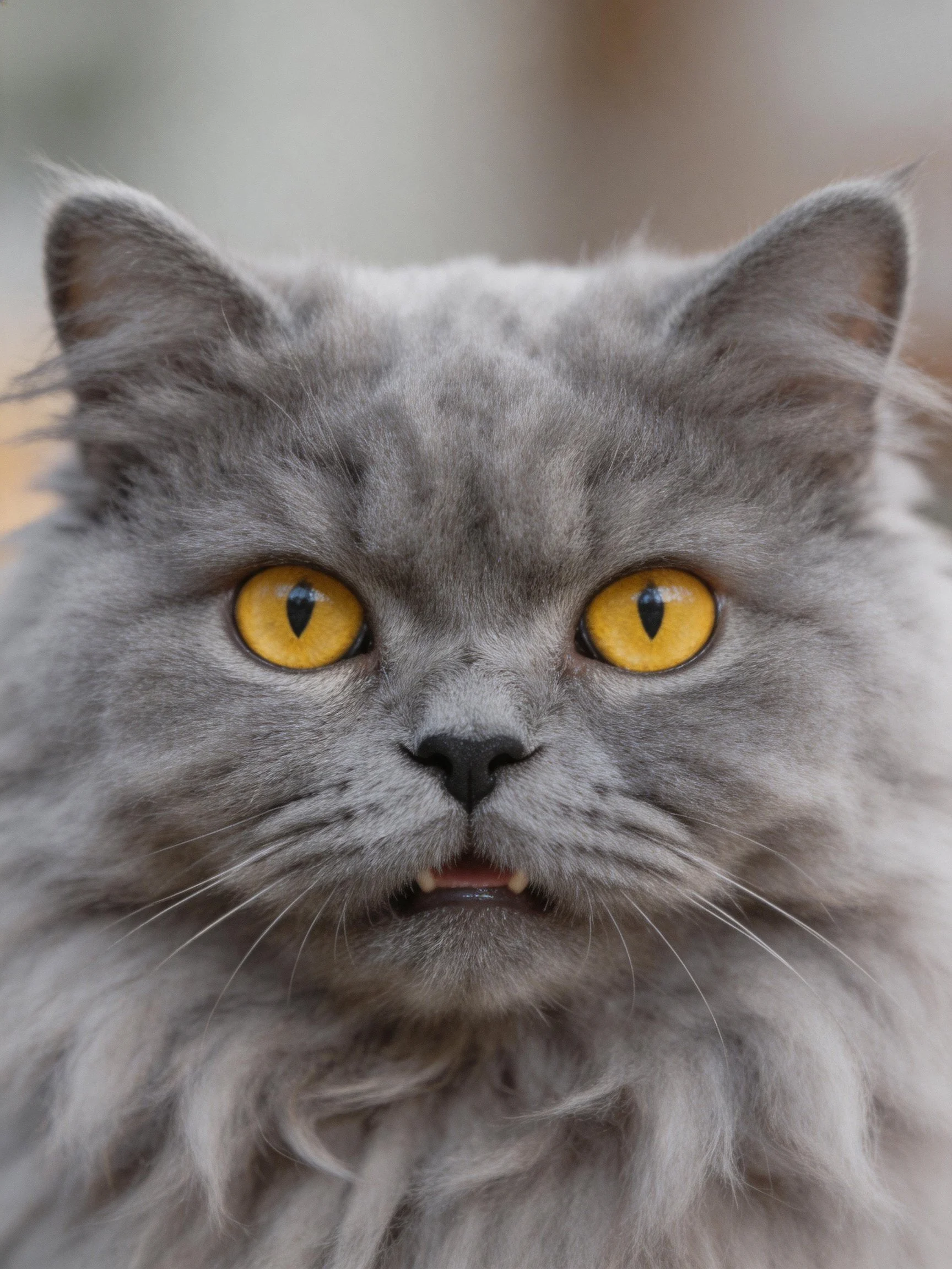 A gray fluffy cat with bright yellow eyes is shown in a close-up photograph.