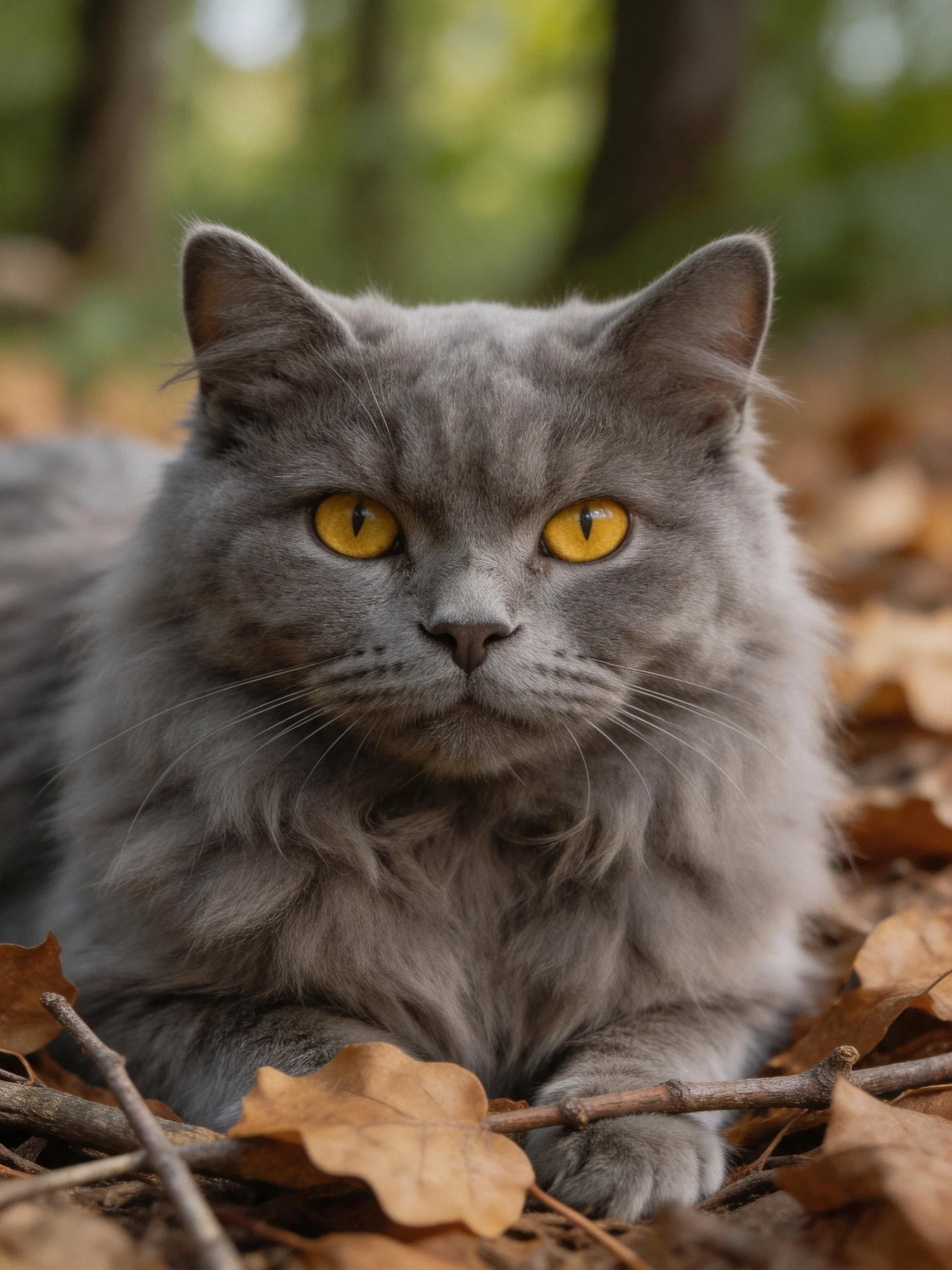 A gray cat with striking yellow eyes lies among dry autumn foliage outdoors.