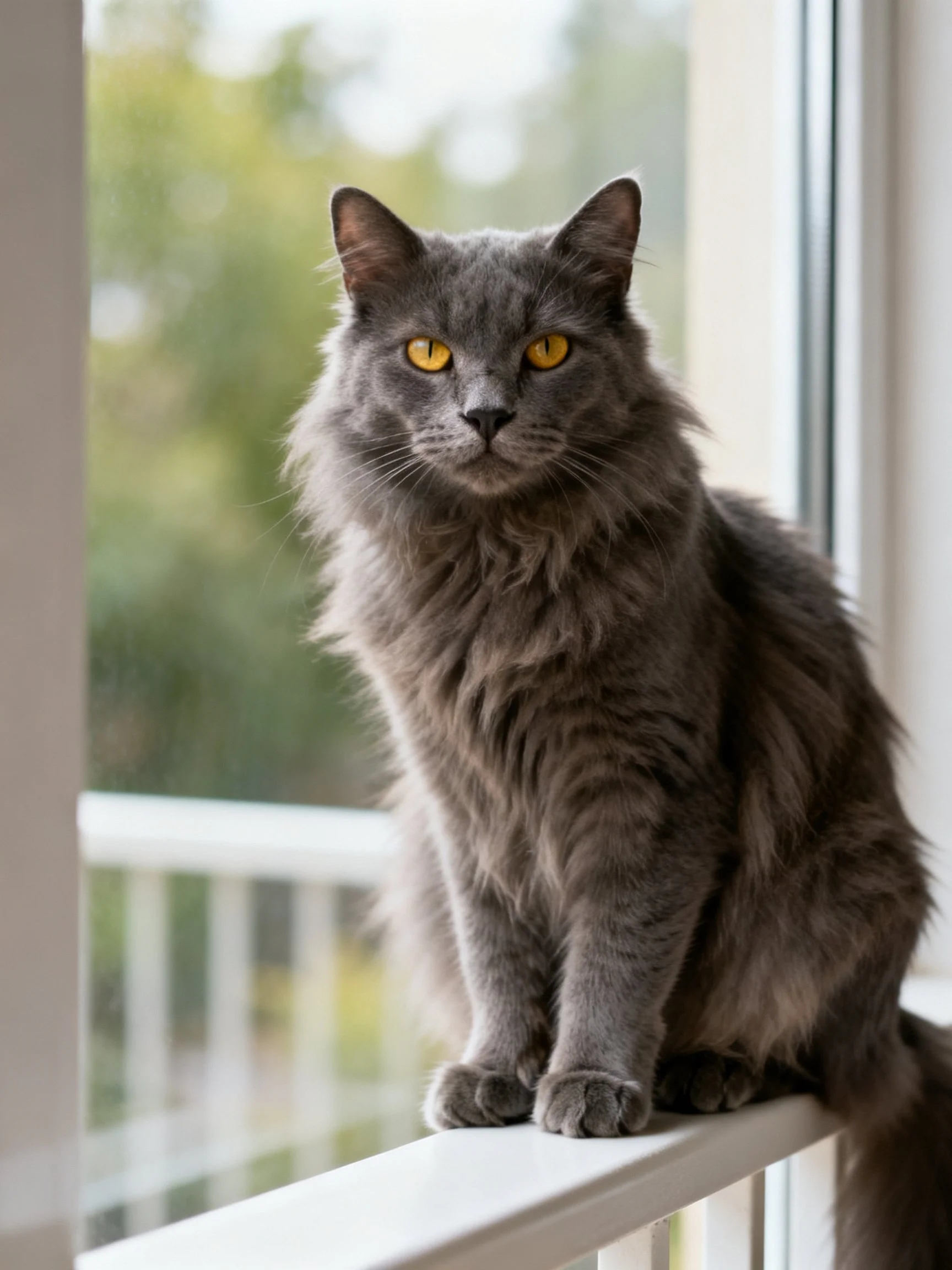 A gray fluffy cat with yellow eyes sits calmly on a white windowsill near a window