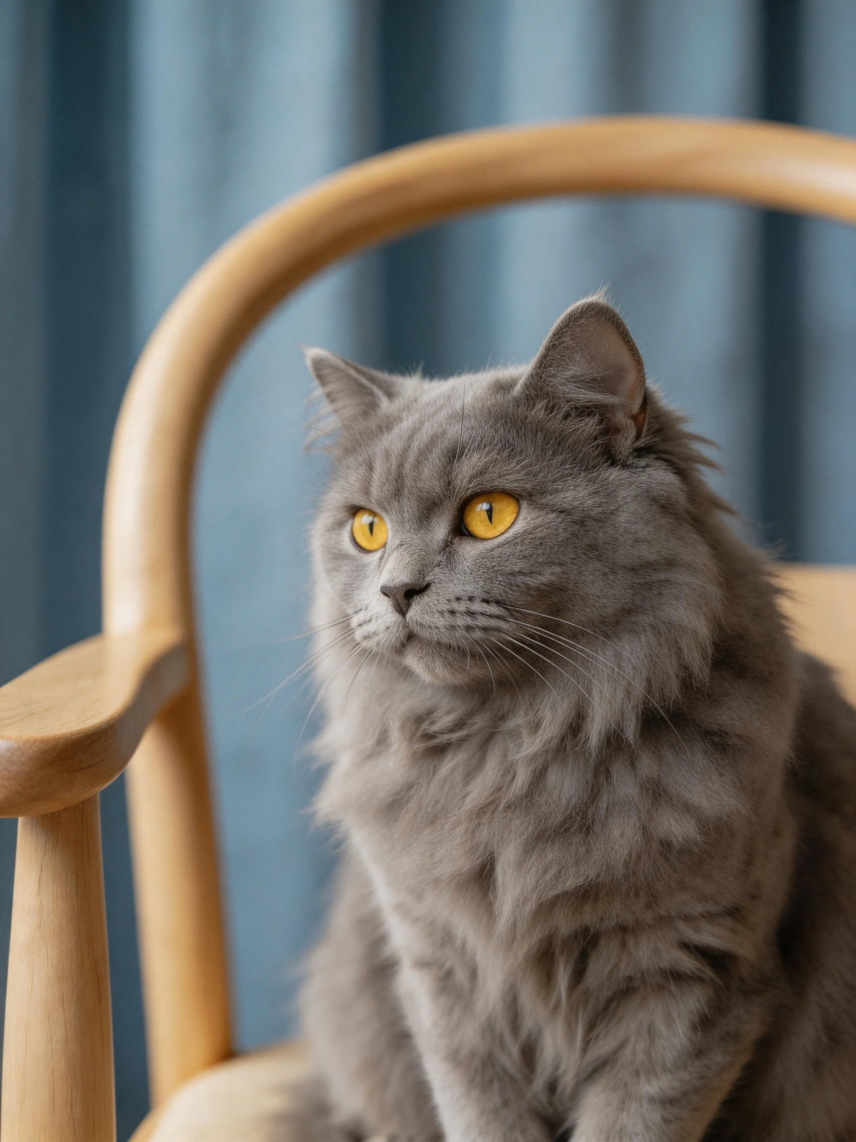 A gray fluffy cat with yellow eyes sits on a wooden chair near blue curtains