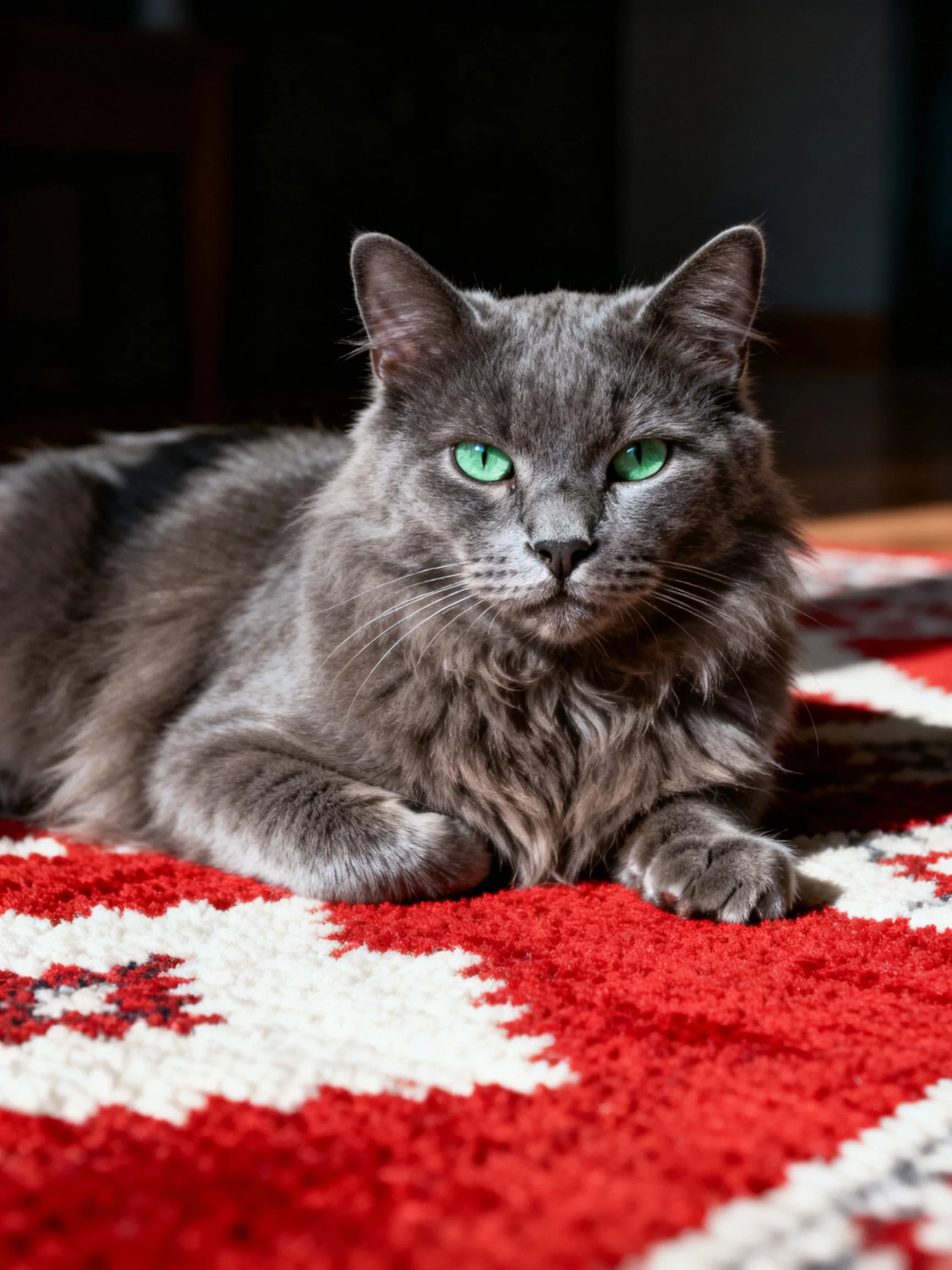 A gray fluffy cat with green eyes resting on a red patterned rug