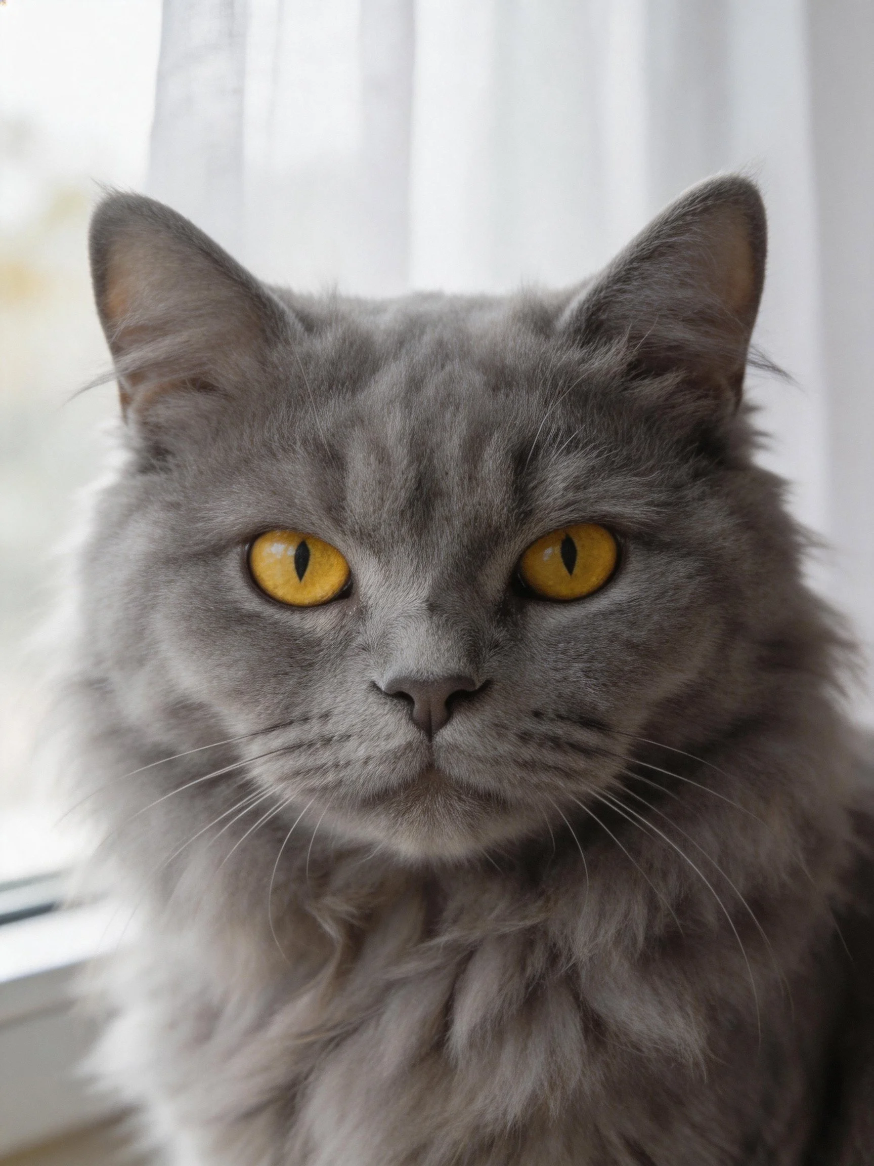 A gray fluffy cat with bright yellow eyes sits near a window.