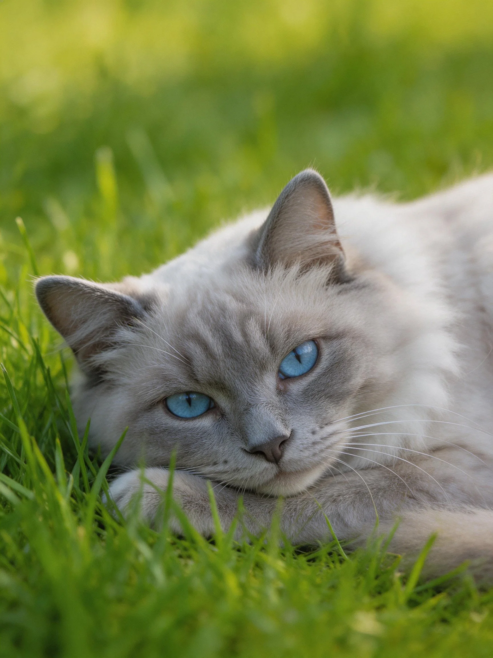 A gray-furred cat with bright blue eyes rests on lush green grass