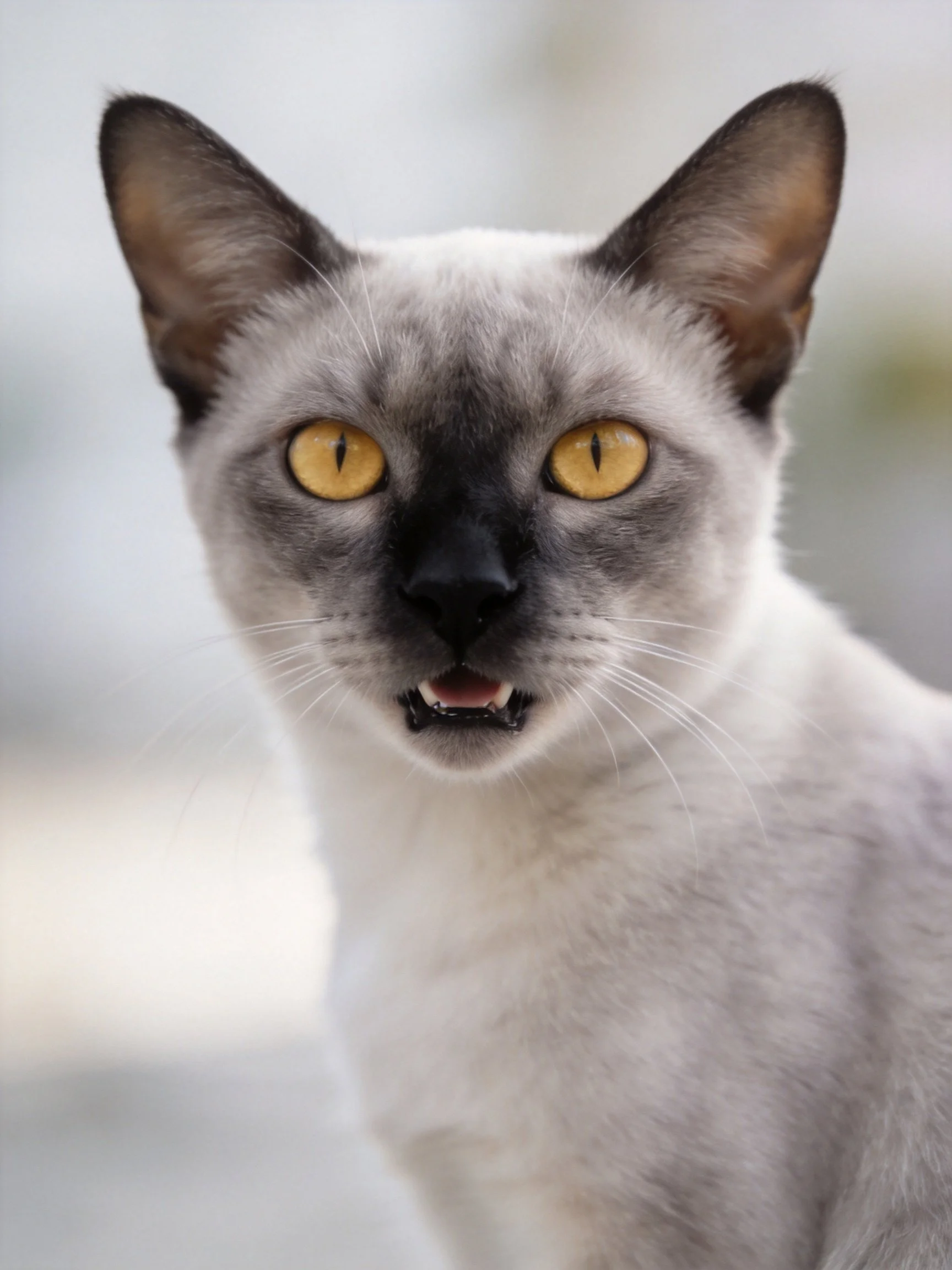 A gray-furred cat with bright yellow eyes