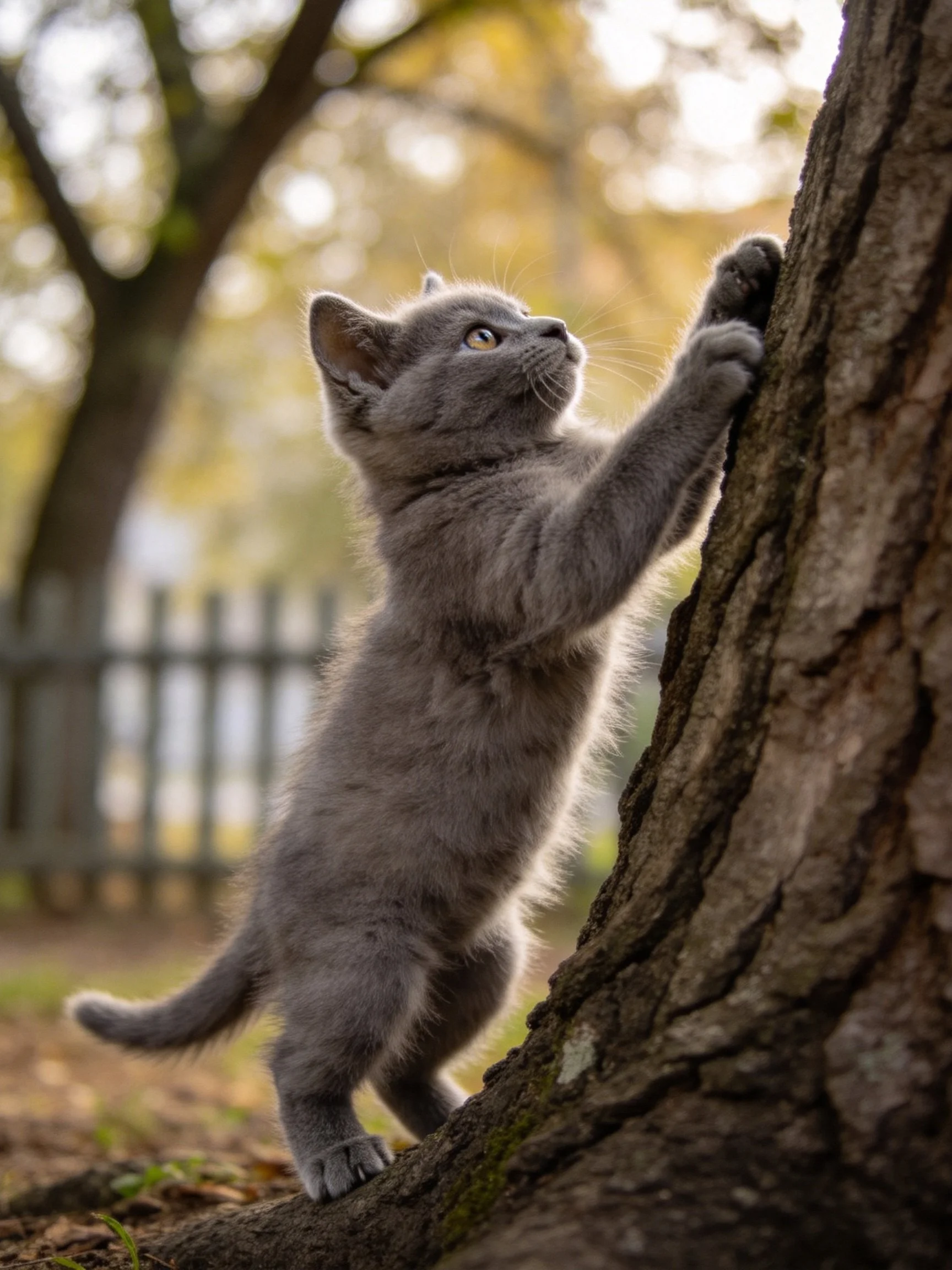A gray kitten climbs a large brown tree trunk outdoors