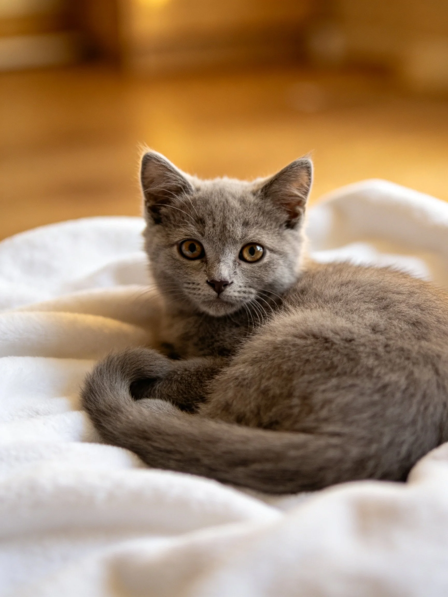 A gray kitten curled up on a soft white blanket in a warmly lit room