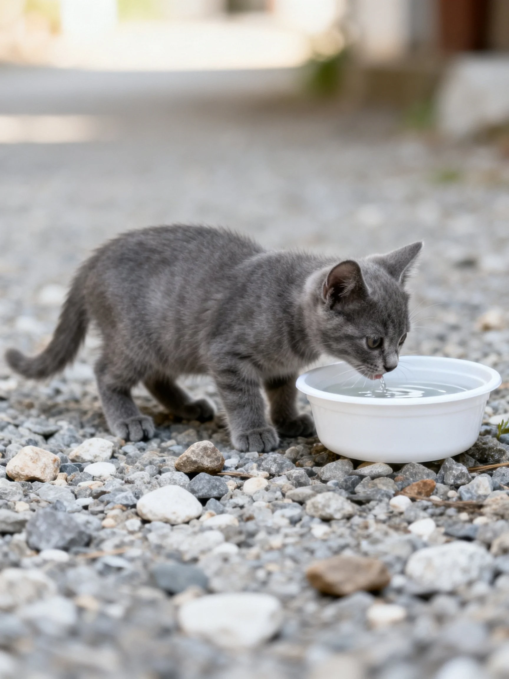 A gray kitten drinks from a white bowl on a gravel path
