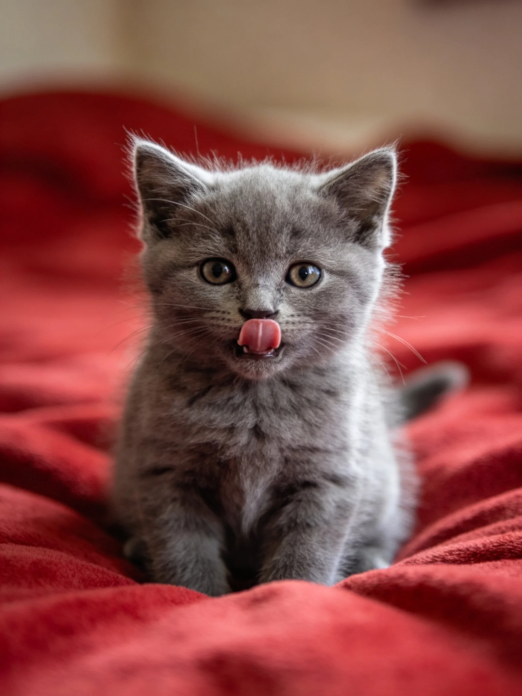 A gray kitten licks its nose on a plush red blanket