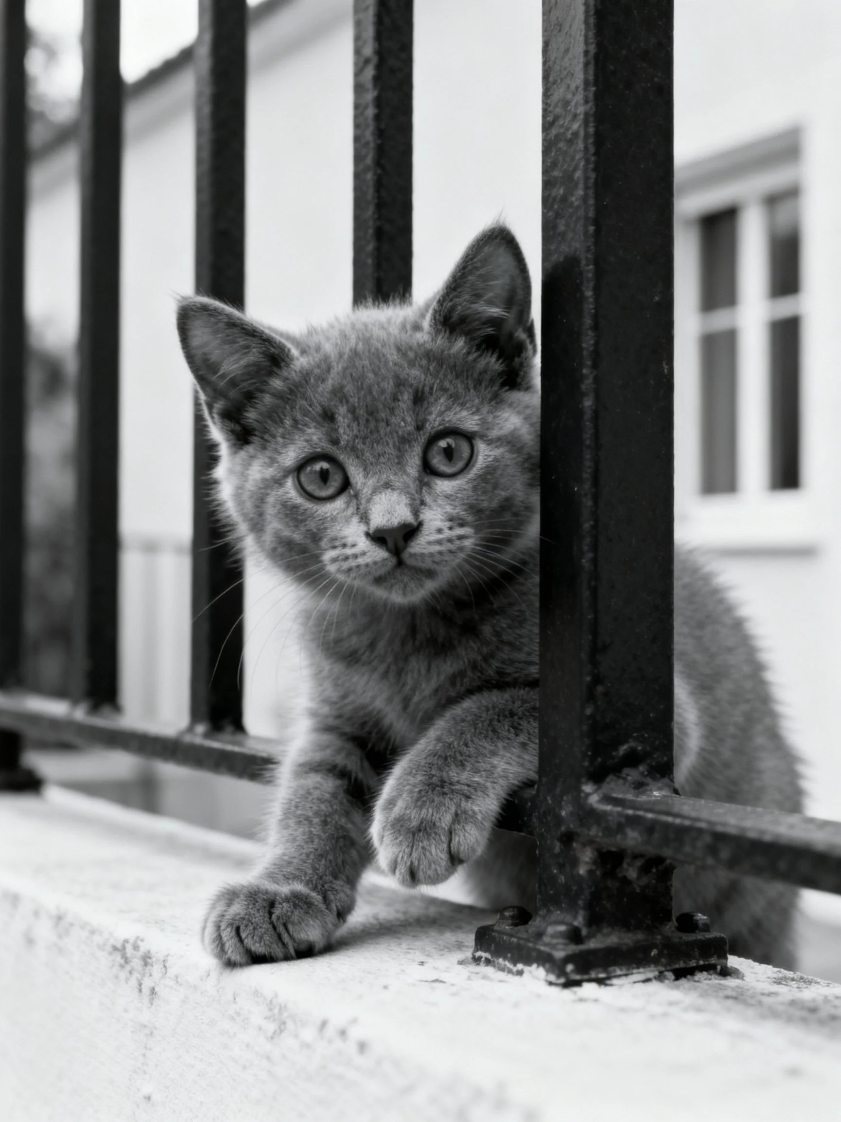 A gray kitten peeks through dark metal railings