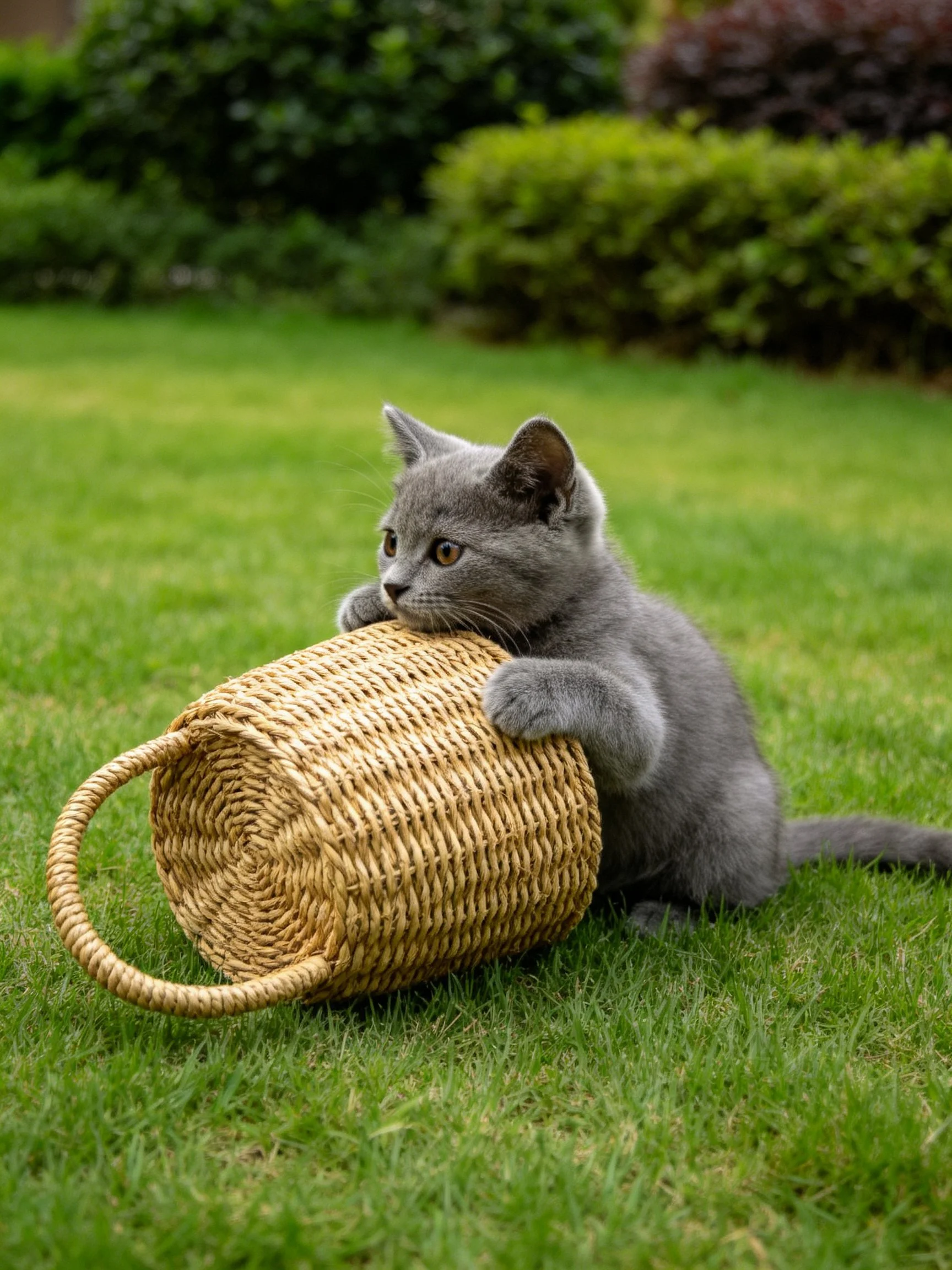 A gray kitten plays with a woven basket on lush green grass