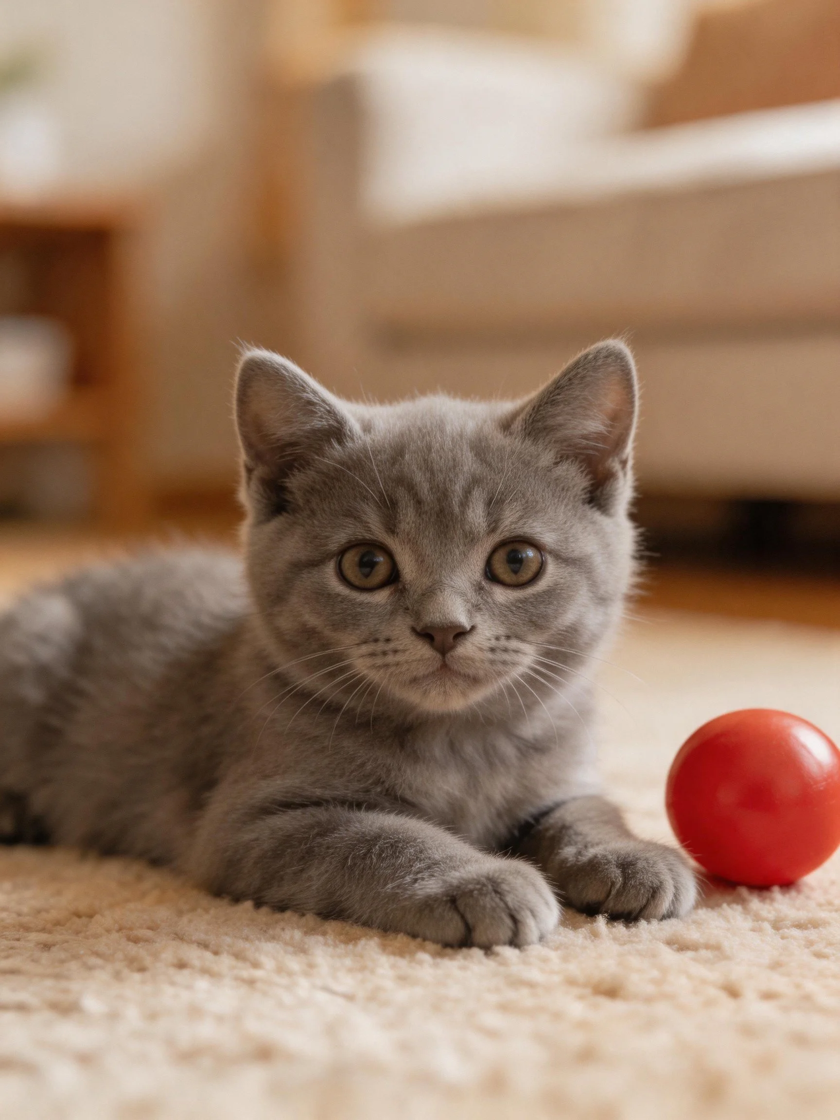 A gray kitten lies near a red ball on a carpeted floor.