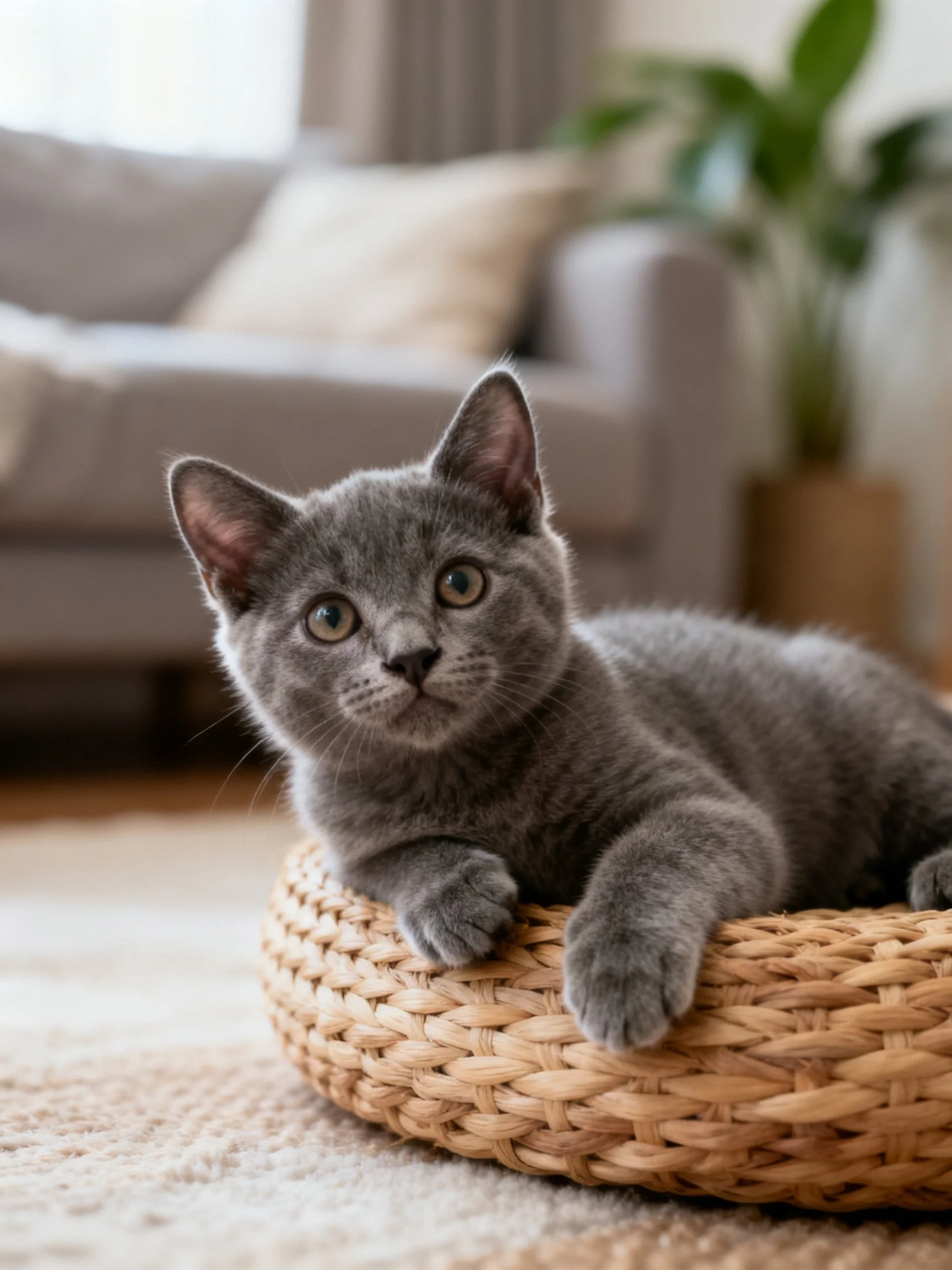 A gray kitten relaxes in a cozy living room.