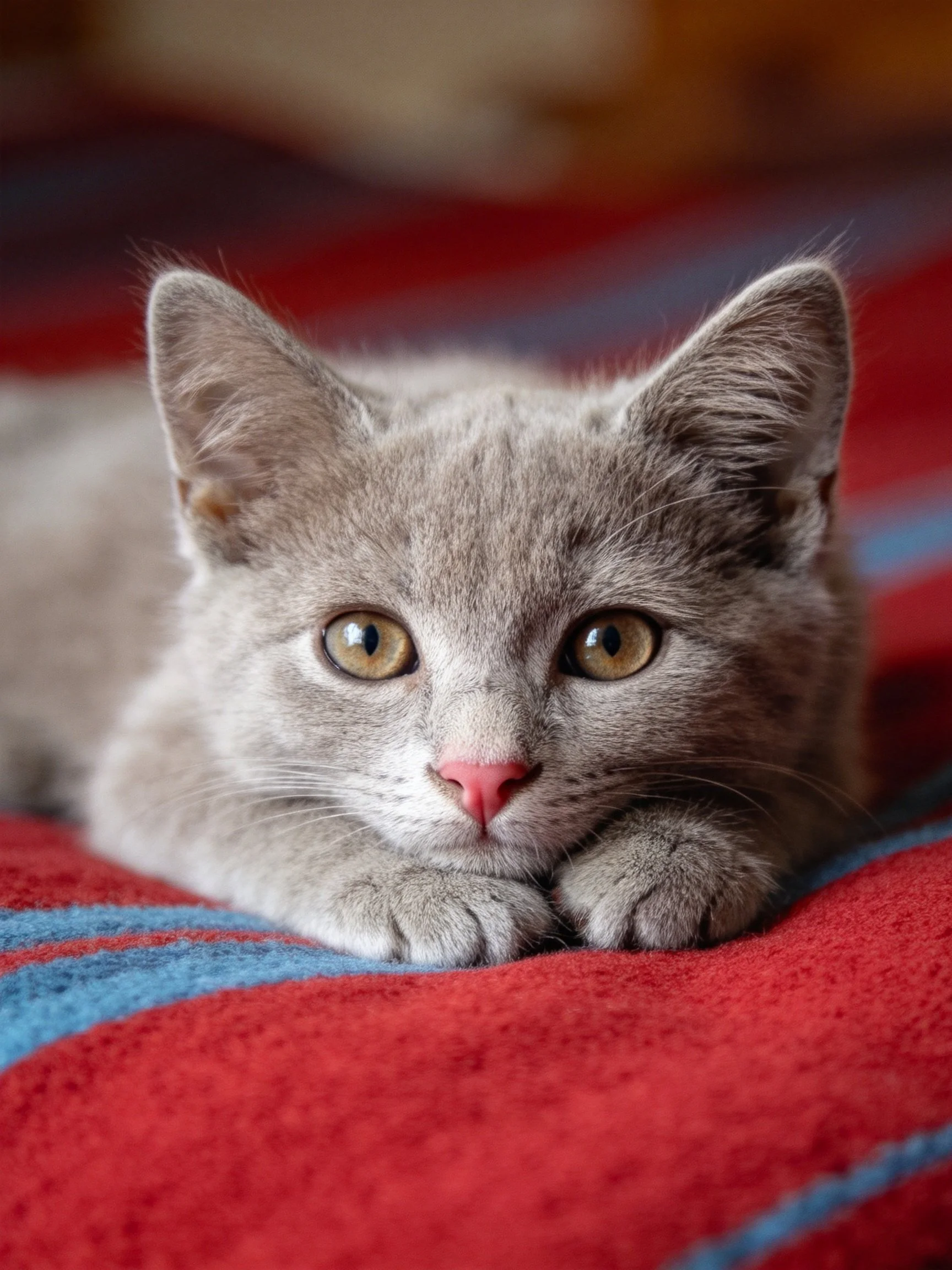 A gray kitten rests on a red-blue striped fabric