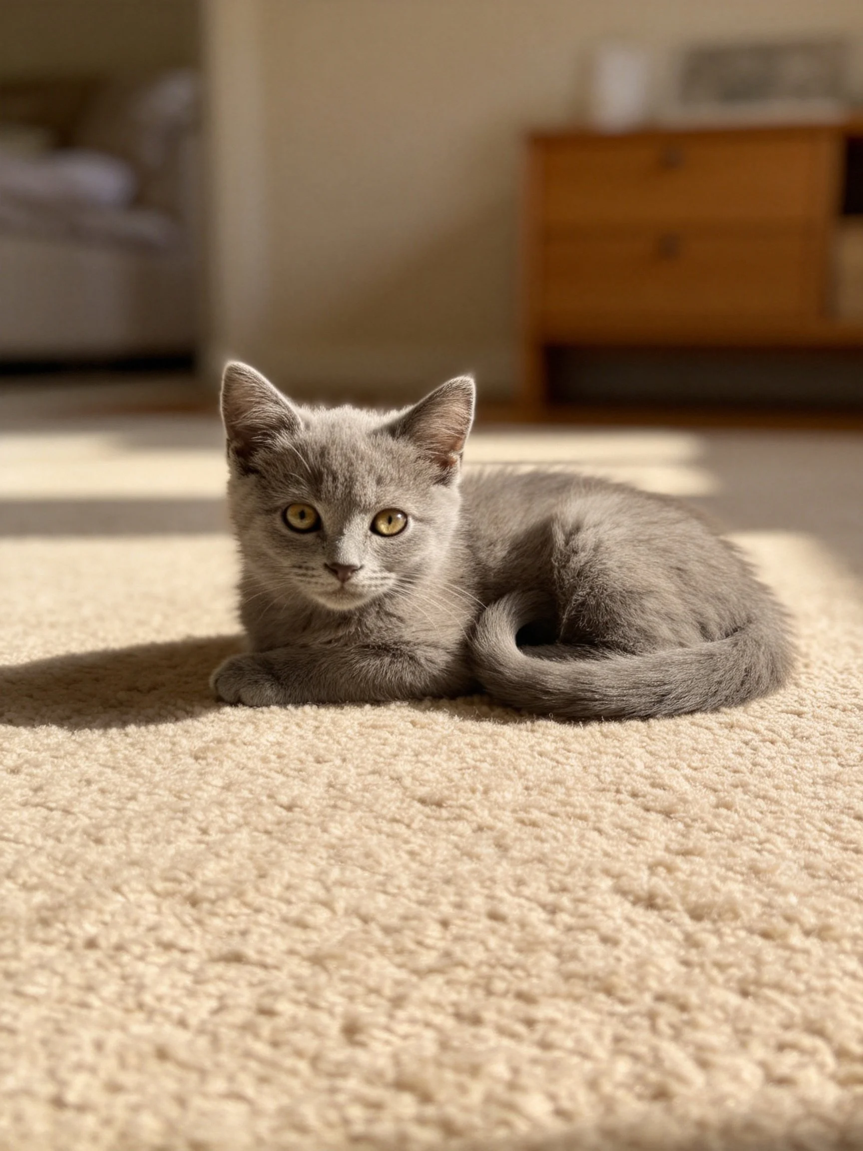 A gray kitten rests on a soft beige carpet in a sunlit room