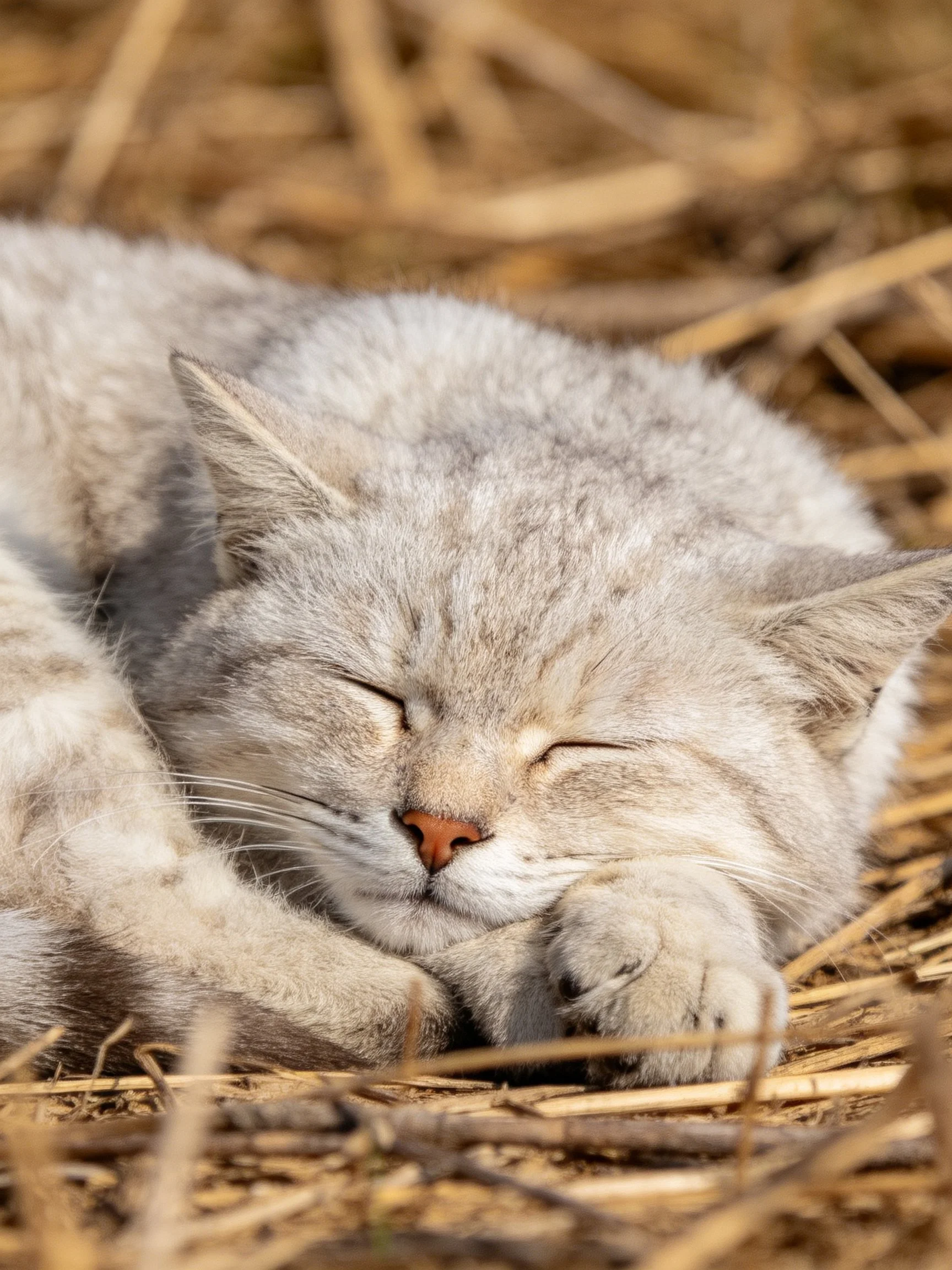 A gray kitten rests on golden straw with closed eyes