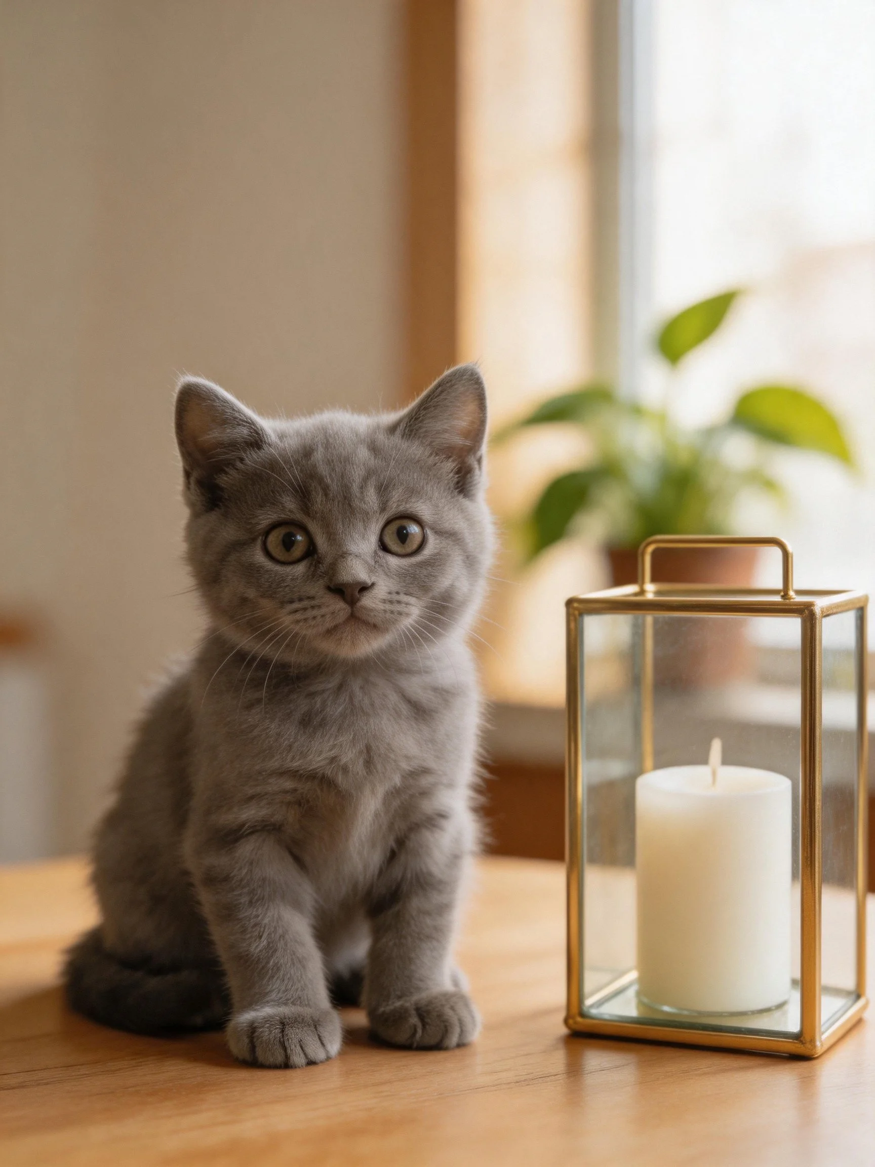 A gray kitten sits near a candle lantern on a wooden table in a bright room